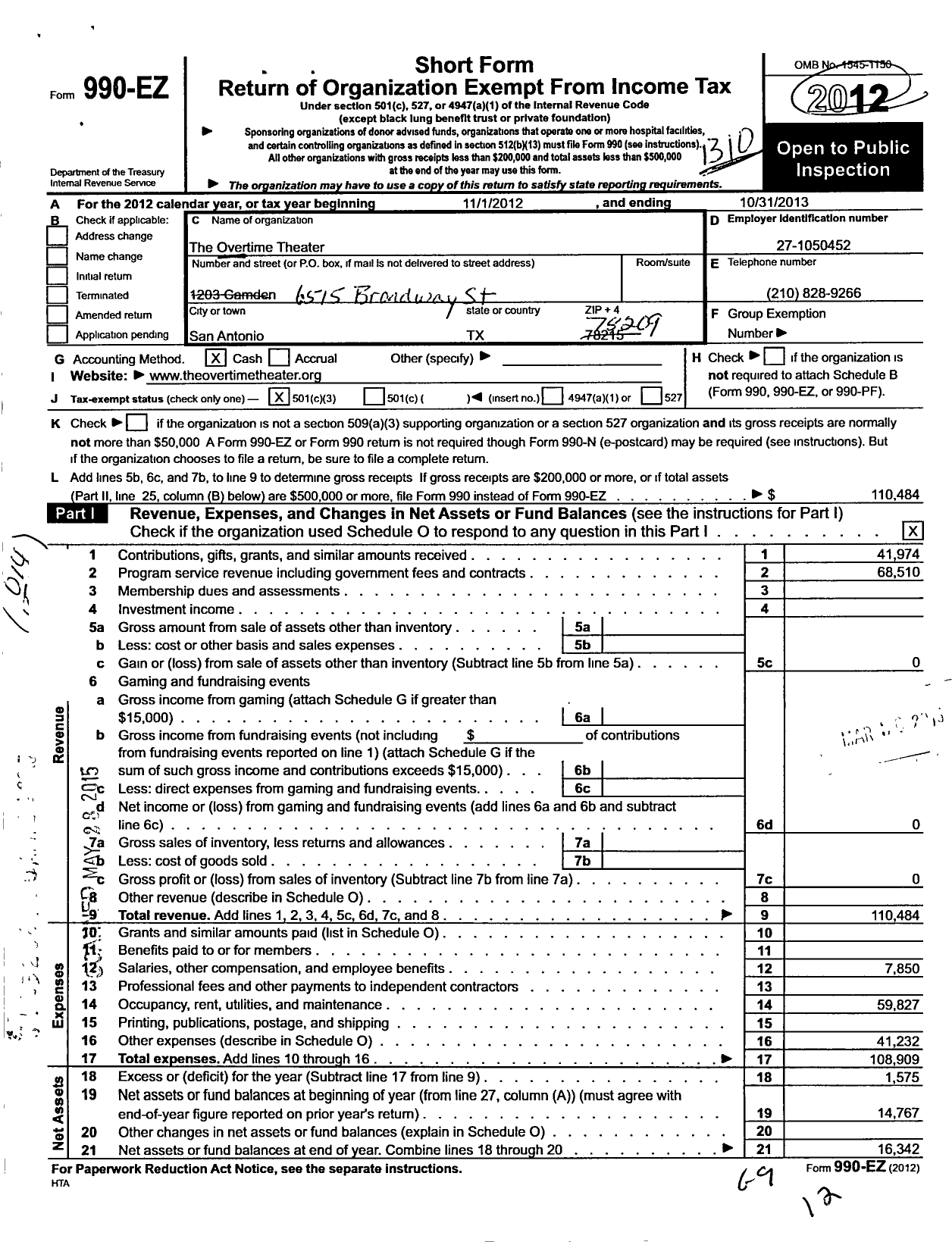 Image of first page of 2012 Form 990EZ for The Overtime Theater