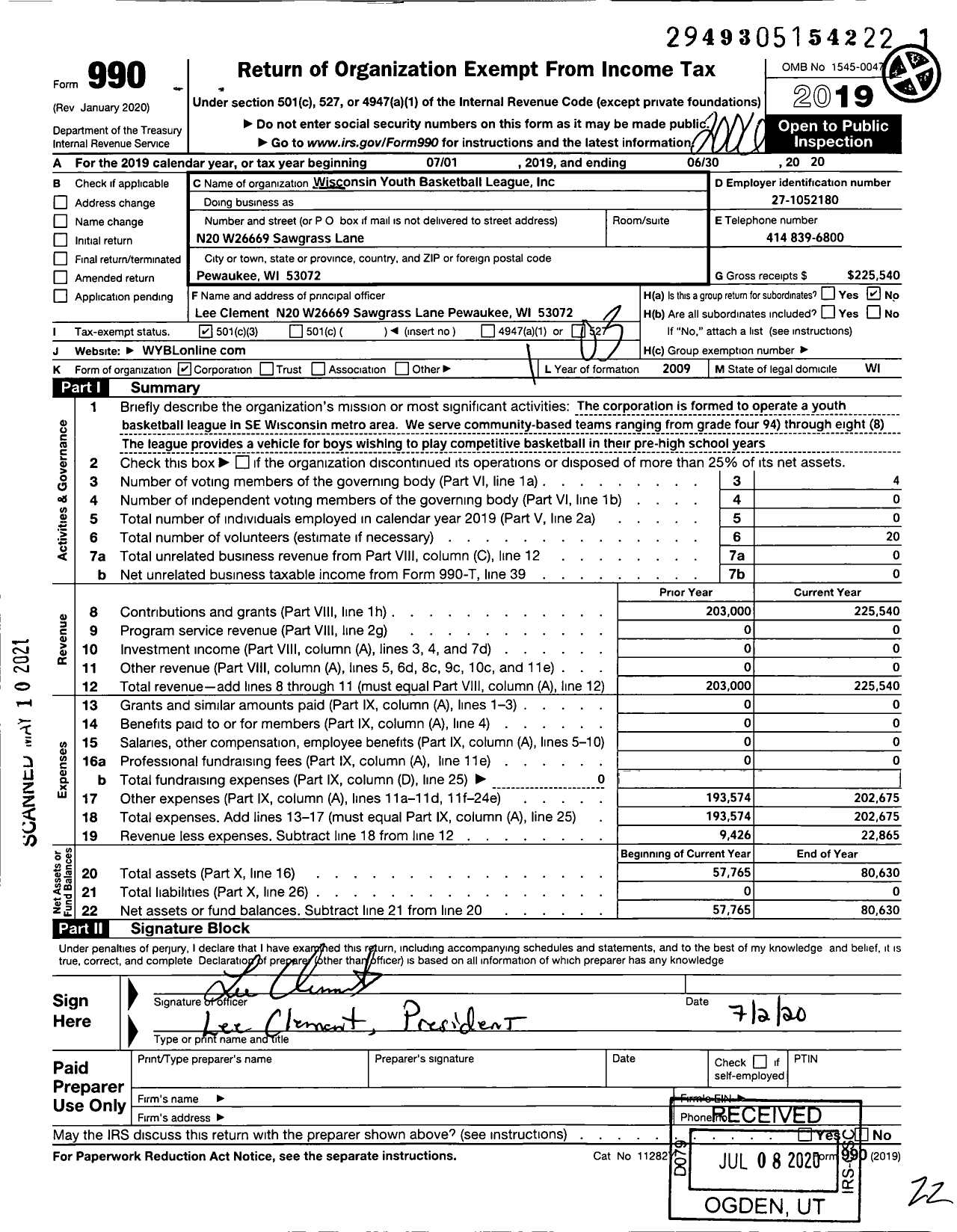 Image of first page of 2019 Form 990 for Wisconsin Youth Basketball League