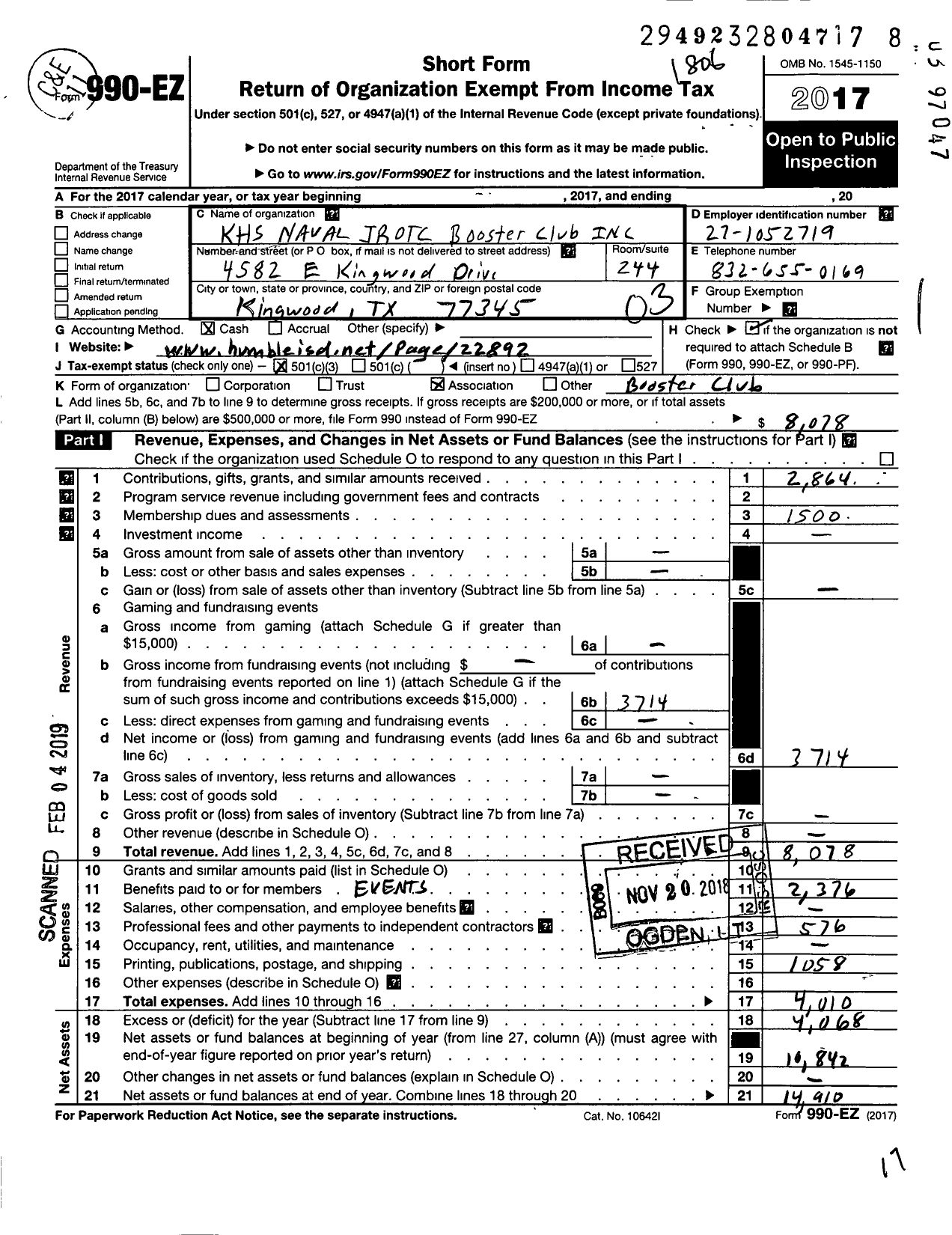 Image of first page of 2017 Form 990EZ for KHS Naval JROTC Booster Club