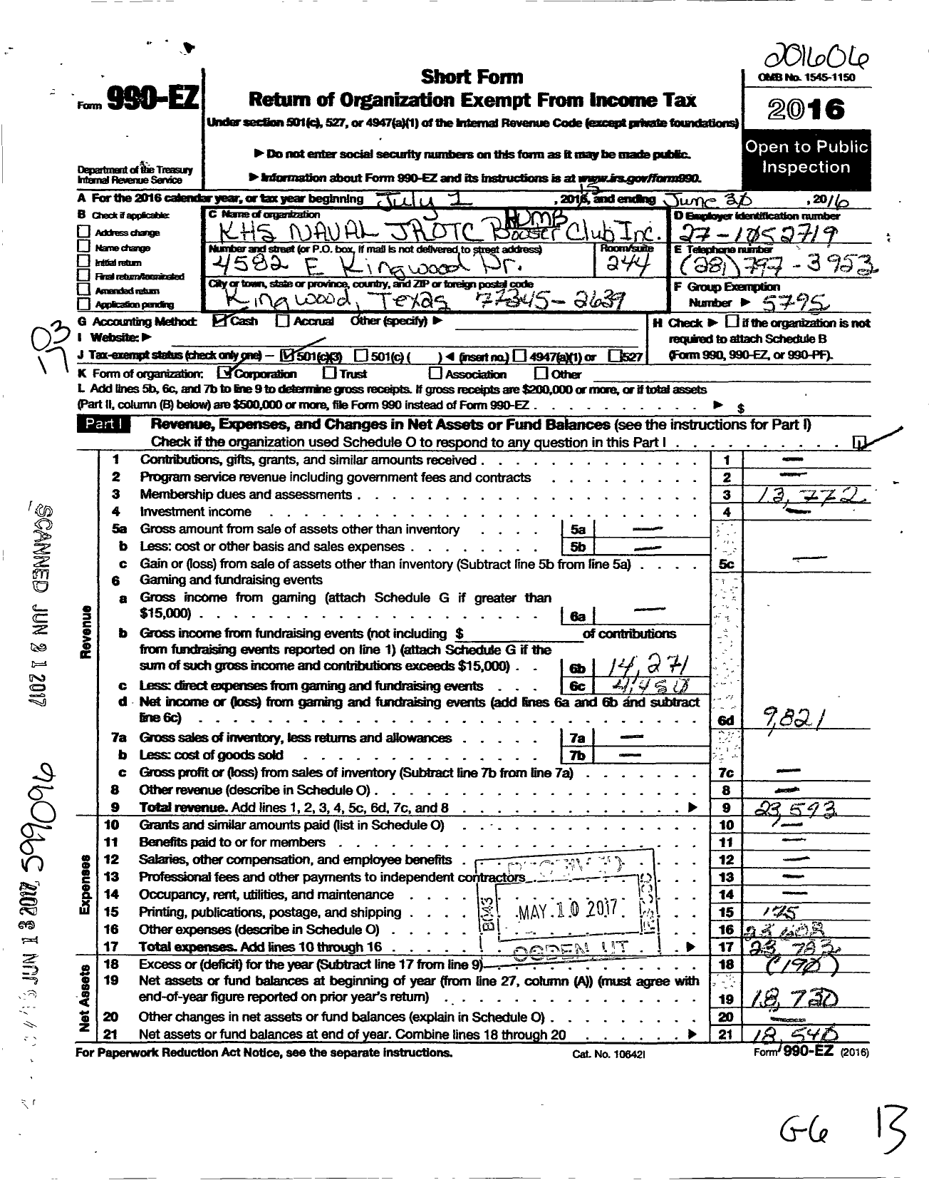 Image of first page of 2015 Form 990EZ for KHS Naval JROTC Booster Club