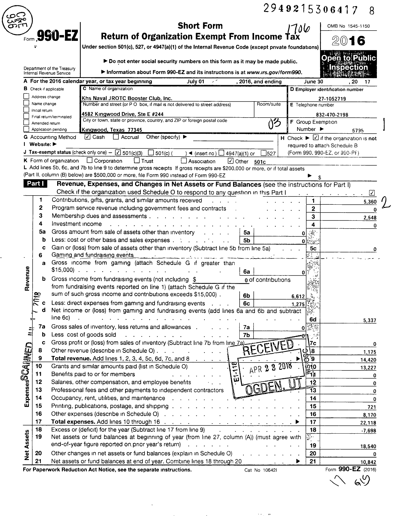 Image of first page of 2016 Form 990EZ for KHS Naval JROTC Booster Club