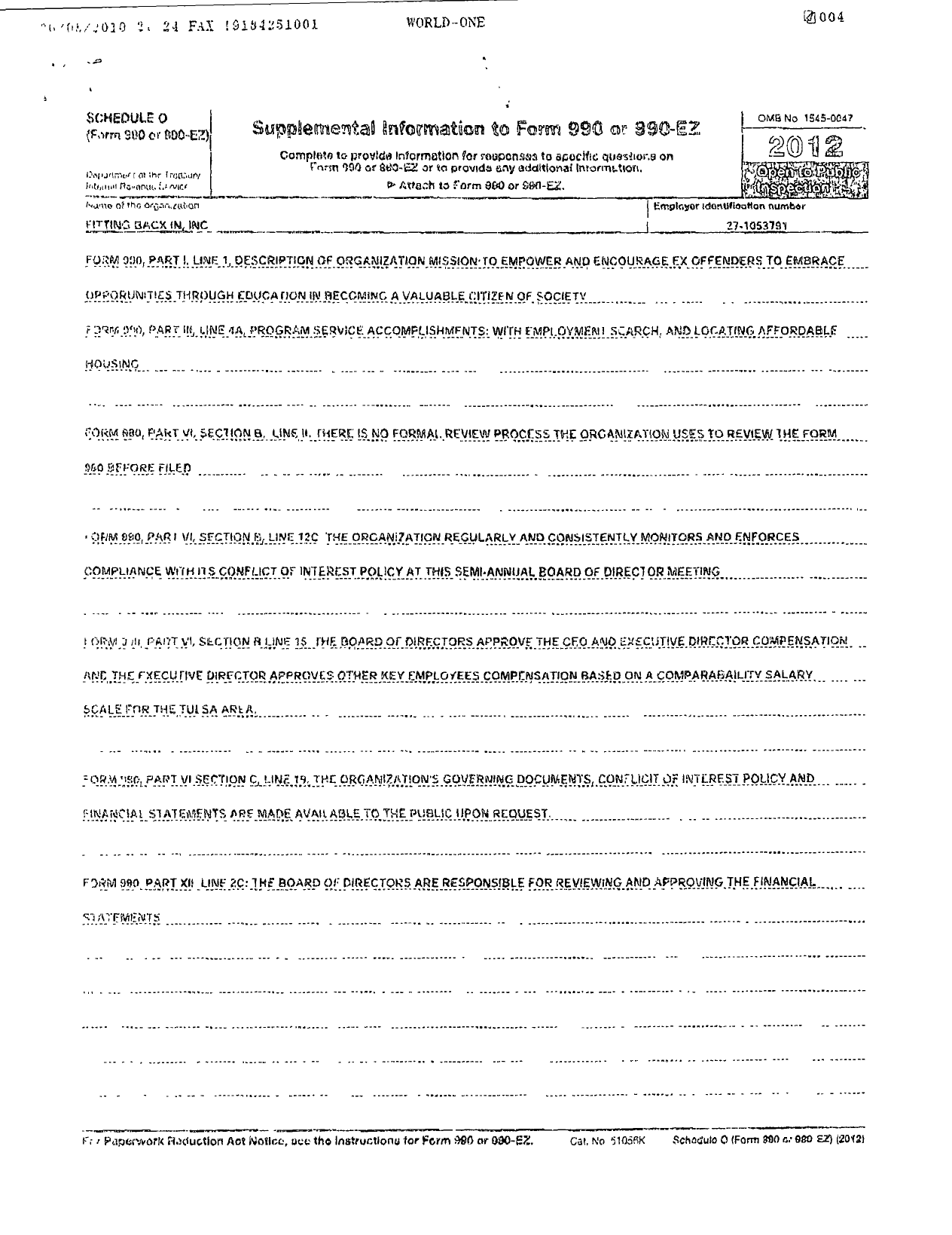 Image of first page of 2012 Form 990R for Fitting Back In