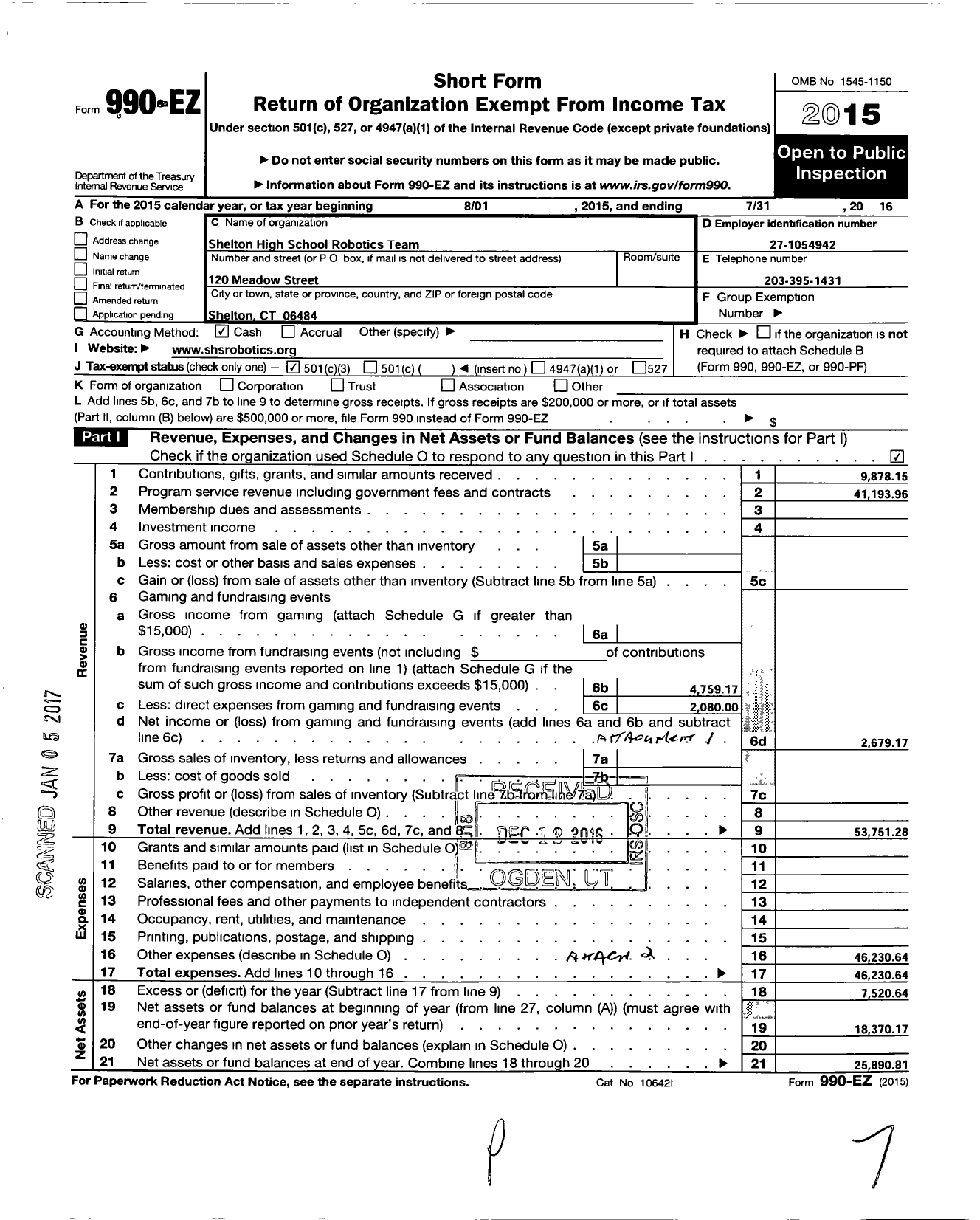 Image of first page of 2015 Form 990EZ for Shelton High School Robotics Team