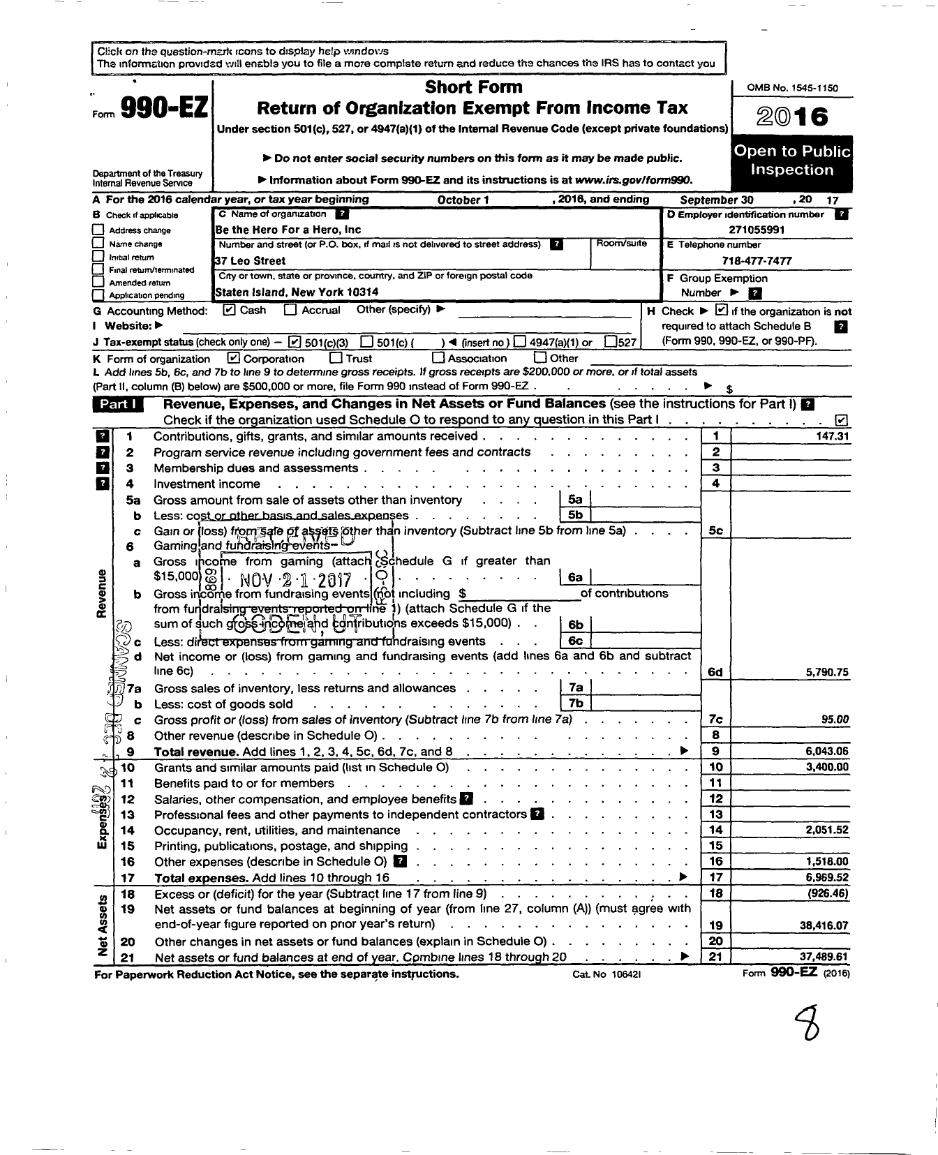 Image of first page of 2016 Form 990EZ for Be the Hero for A Hero Incorporated