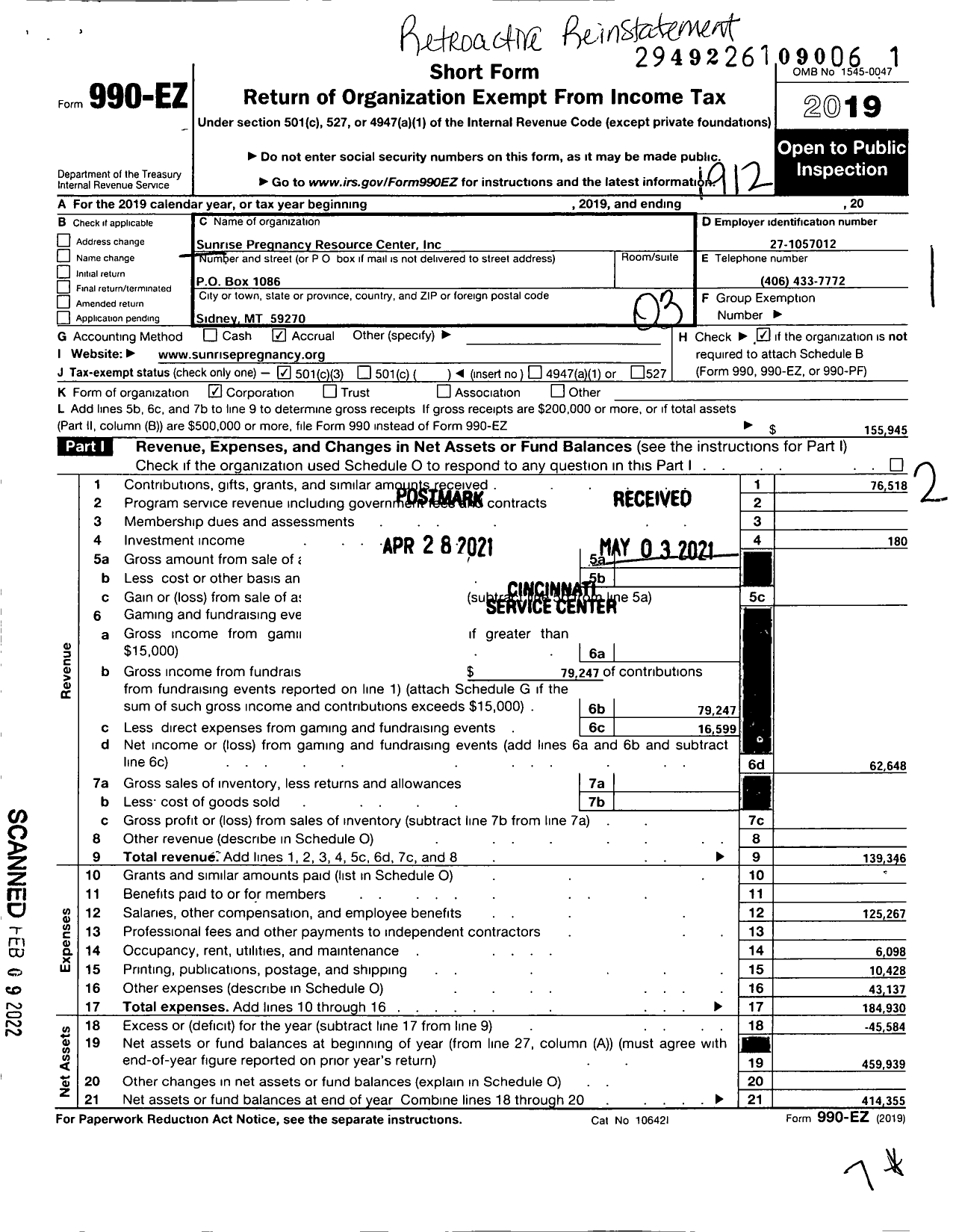 Image of first page of 2019 Form 990EZ for Sunrise Pregnancy Resource Center