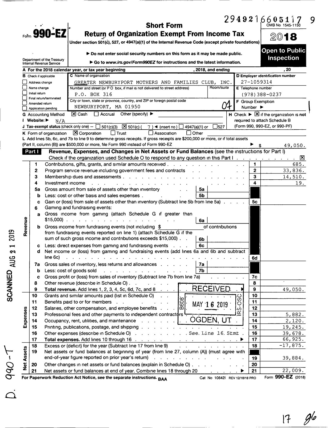 Image of first page of 2018 Form 990EO for Greater Newburyport Mothers and Families Club