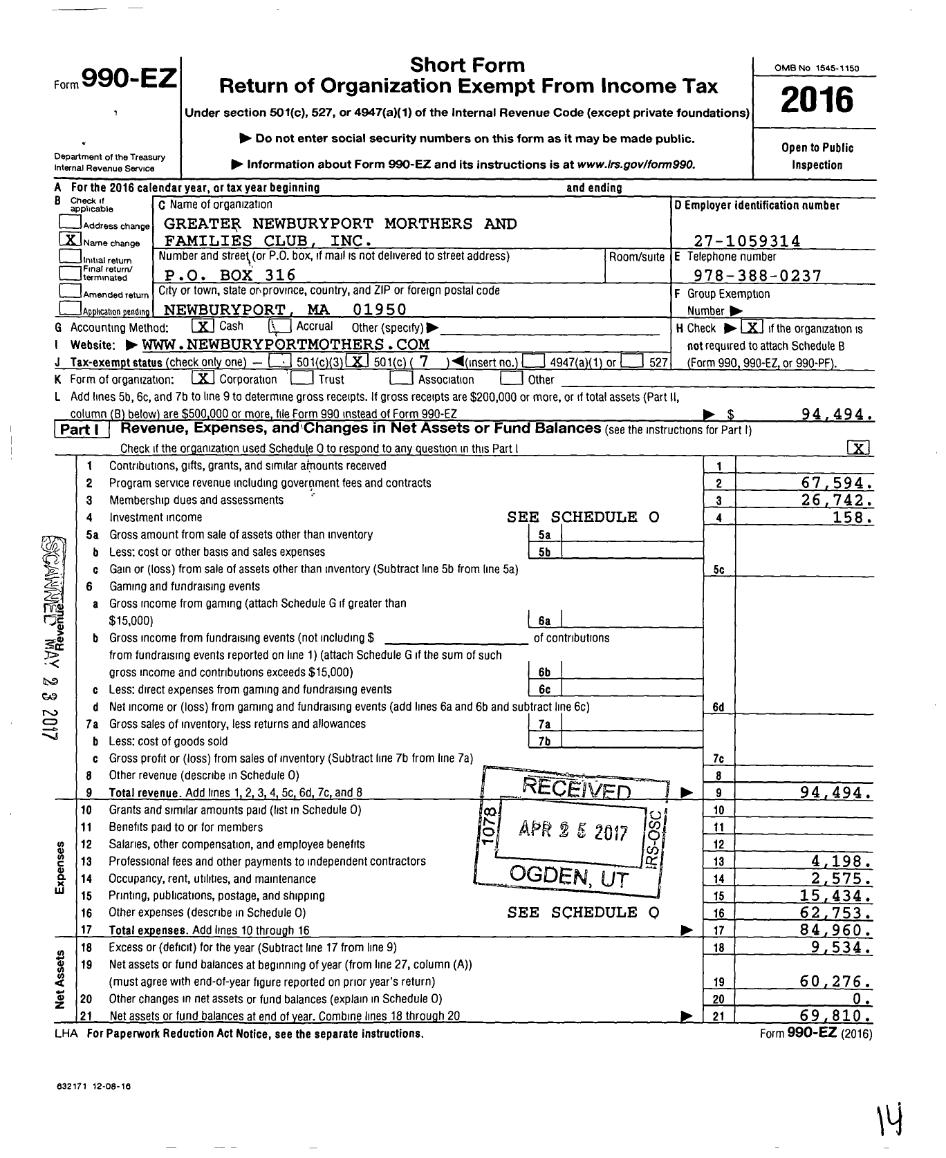 Image of first page of 2016 Form 990EO for Greater Newburyport Mothers and Families Club