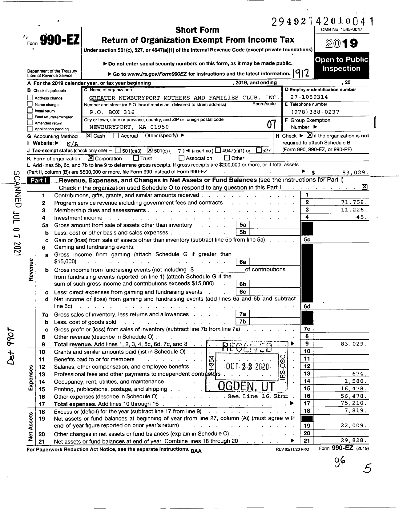 Image of first page of 2019 Form 990EO for Greater Newburyport Mothers and Families Club