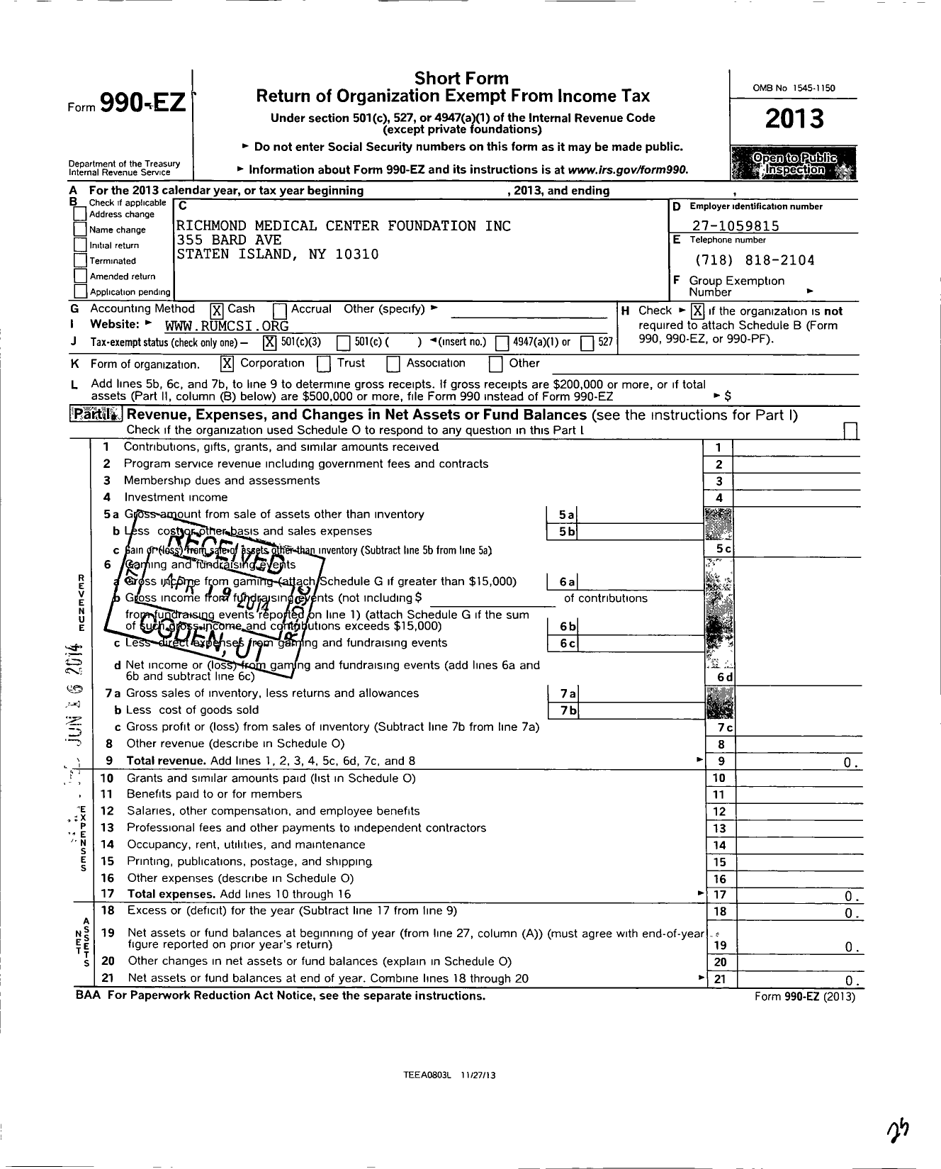 Image of first page of 2013 Form 990EZ for Richmond Medical Center Foundation