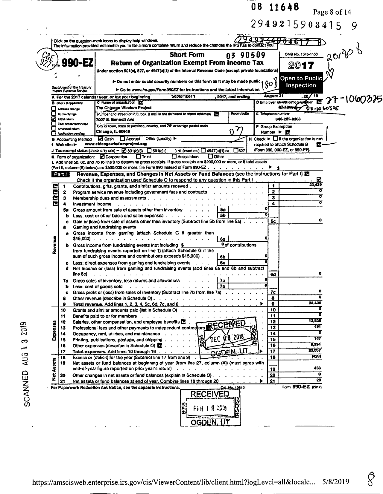 Image of first page of 2017 Form 990EZ for Wisdom Projects