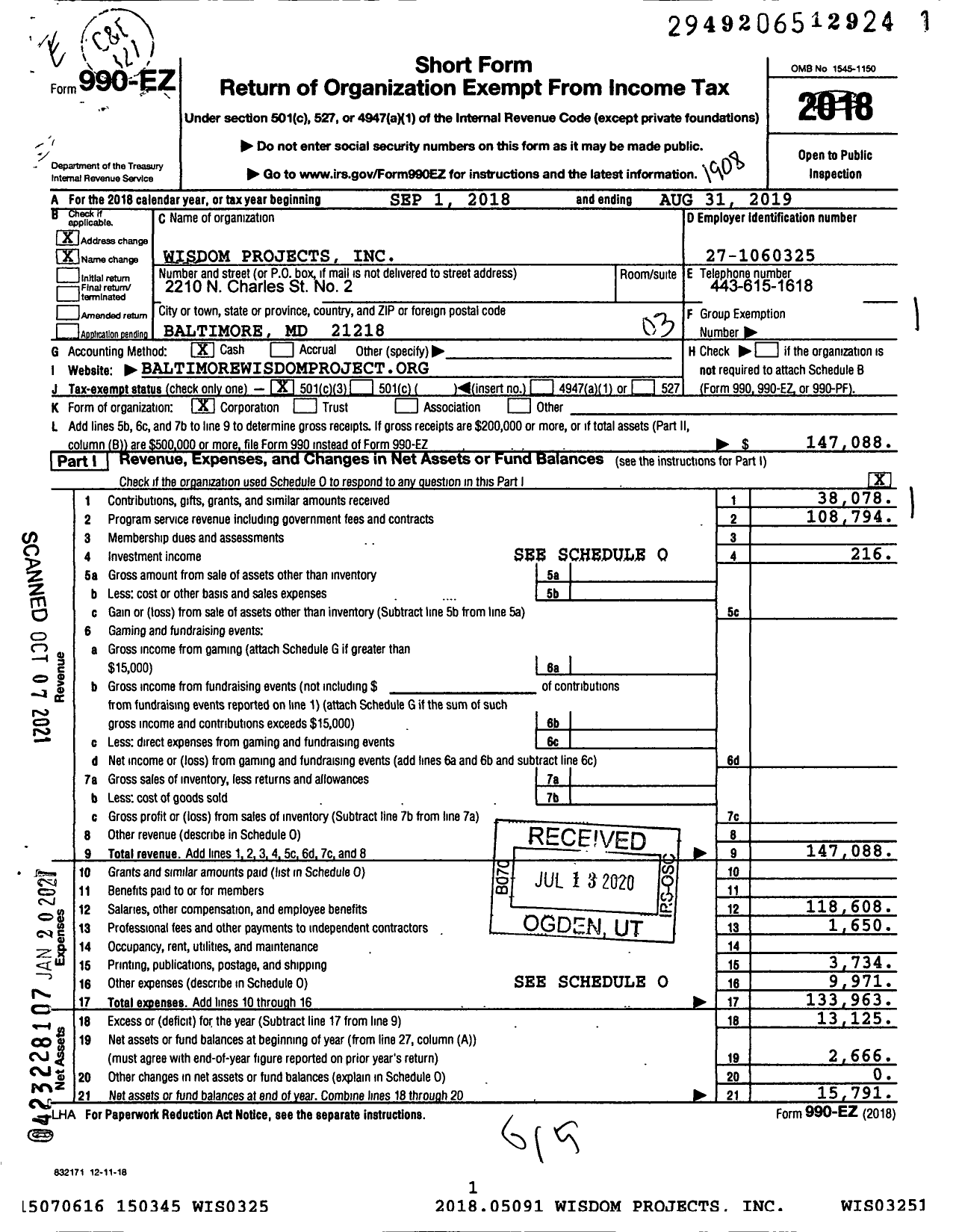 Image of first page of 2018 Form 990EZ for Wisdom Projects