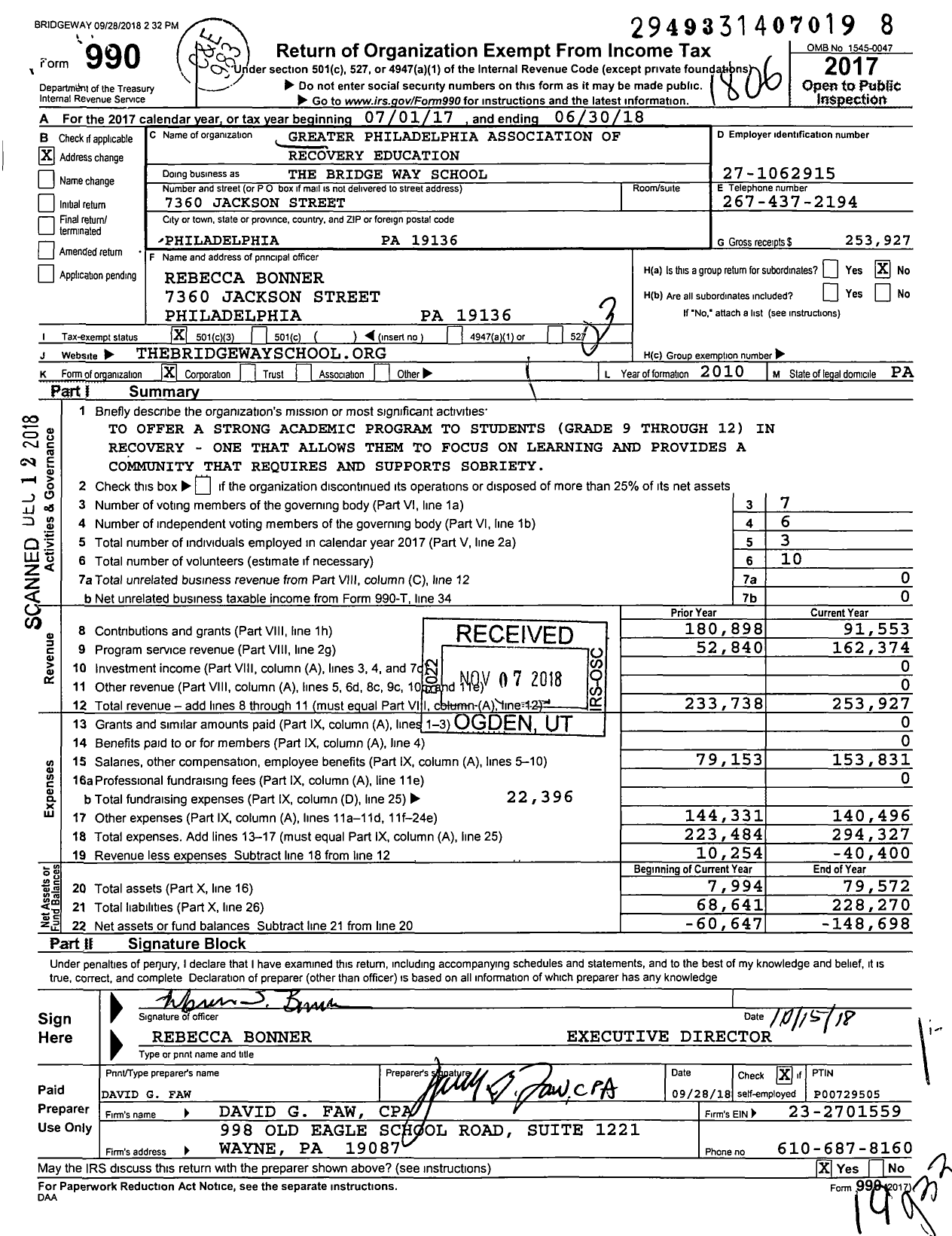 Image of first page of 2017 Form 990 for The Bridge Way School