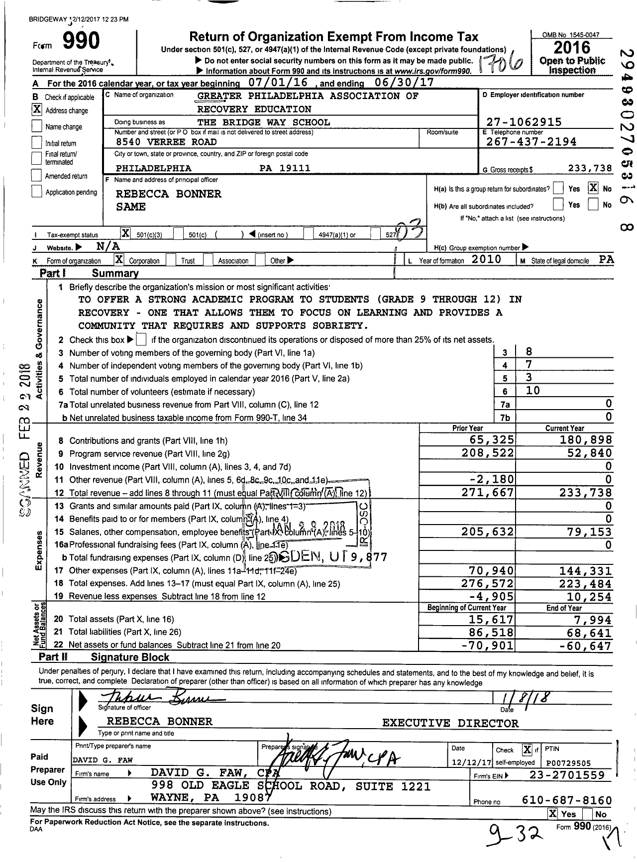 Image of first page of 2016 Form 990 for The Bridge Way School