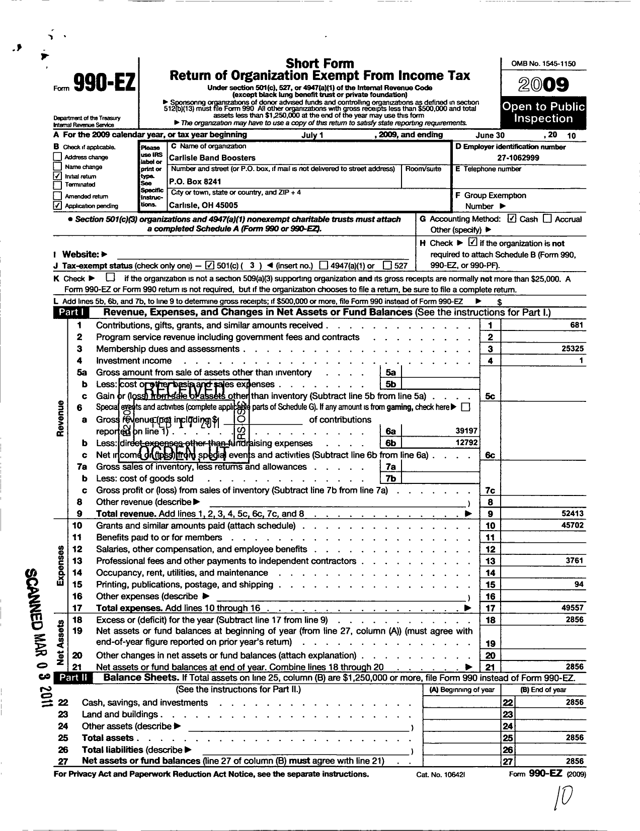 Image of first page of 2009 Form 990EZ for Carlisle Band Boosters