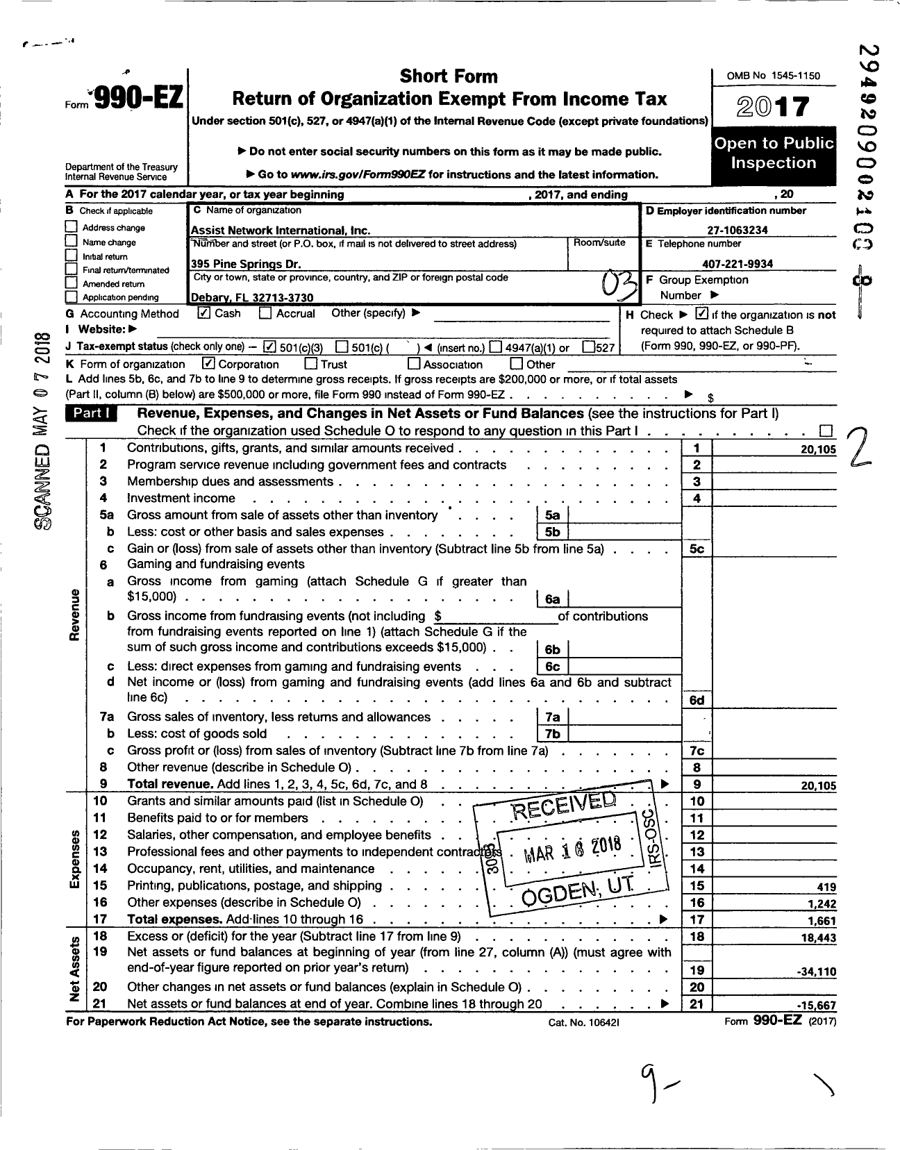 Image of first page of 2017 Form 990EZ for Assist Network International