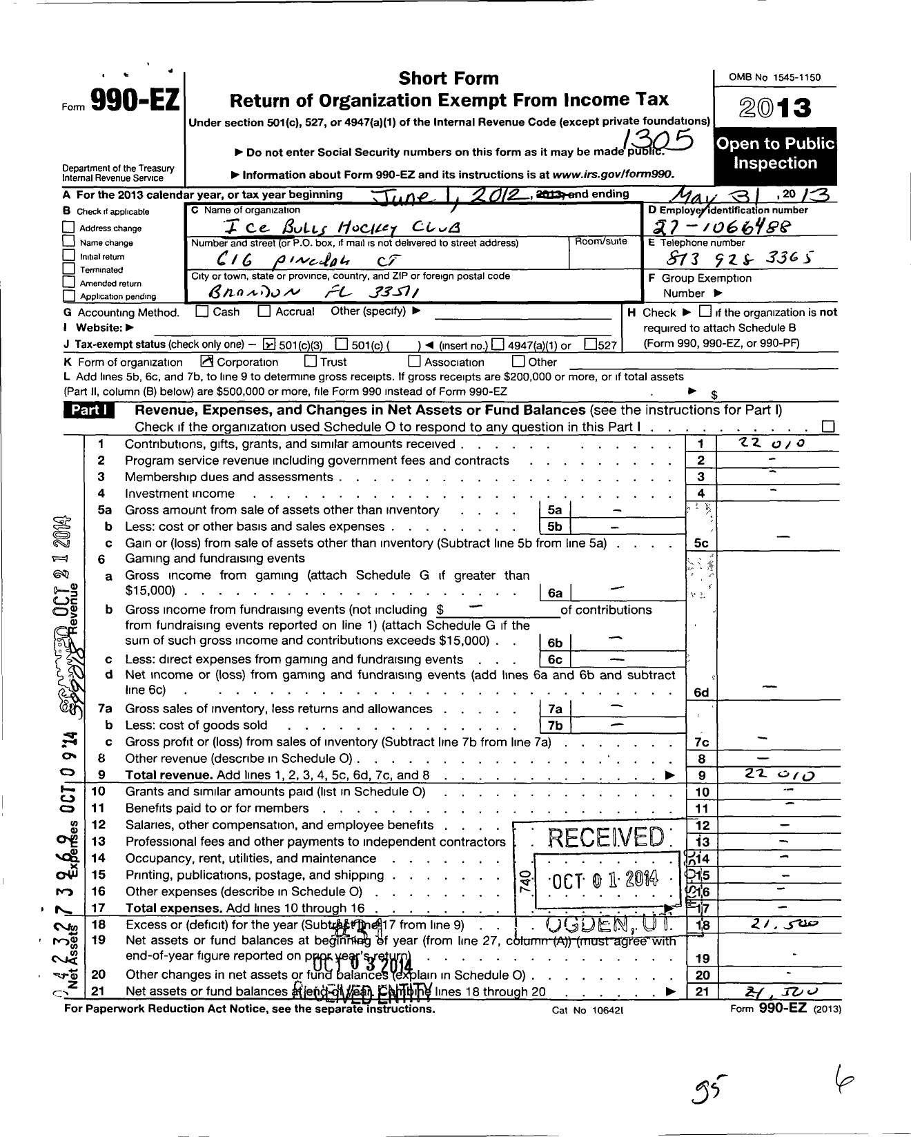 Image of first page of 2012 Form 990EZ for Ice Bulls Hockey Club