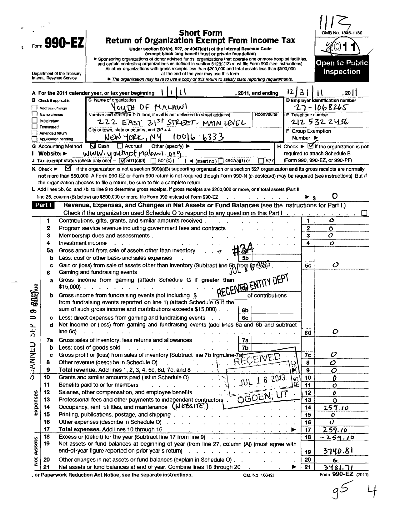 Image of first page of 2011 Form 990EZ for Youth of Malawi