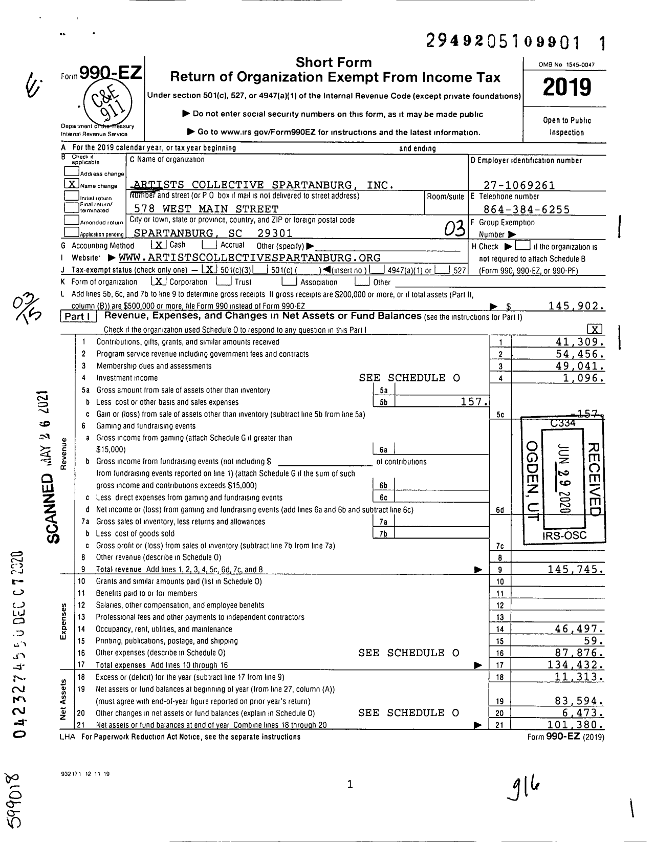 Image of first page of 2019 Form 990EZ for Artists Collective Spartanburg