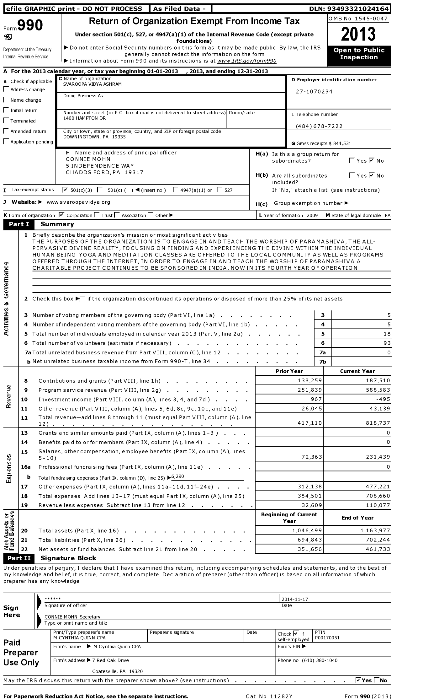 Image of first page of 2013 Form 990 for Svaroopa Vidya Ashram