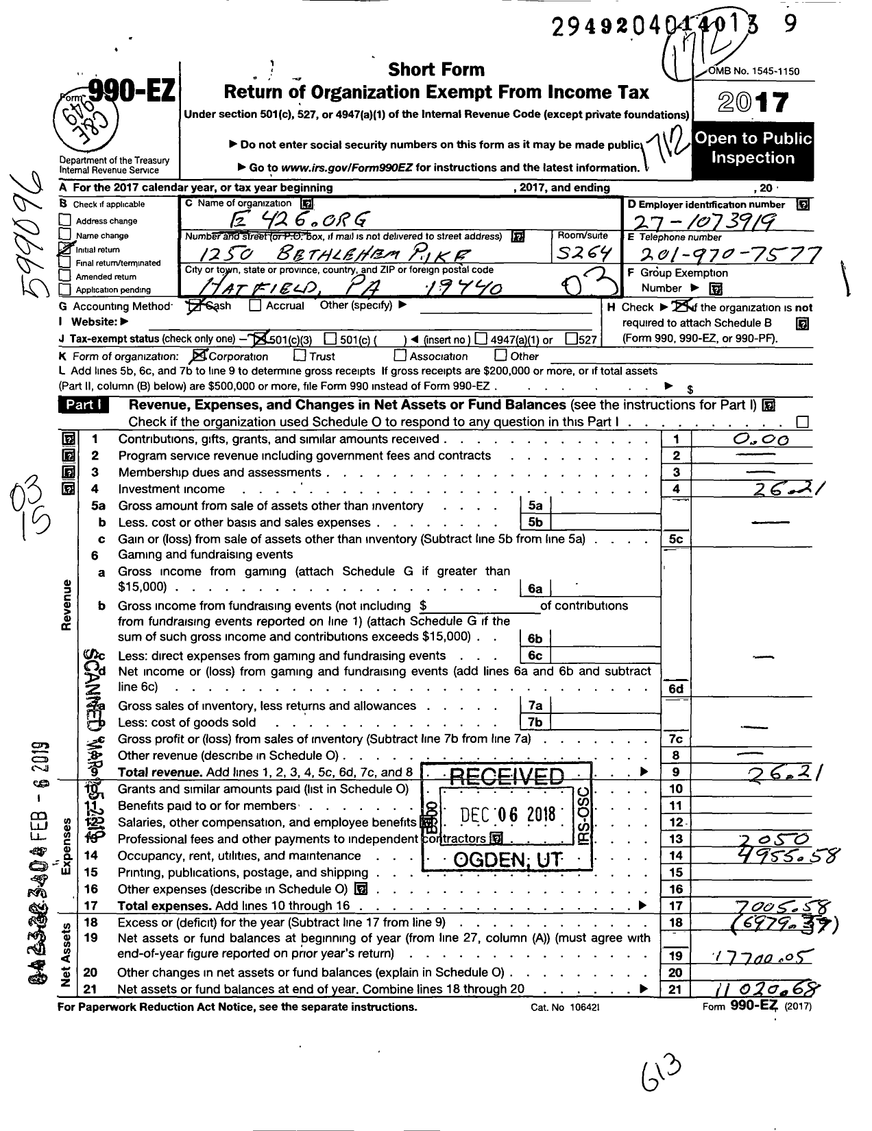 Image of first page of 2017 Form 990EZ for E426org