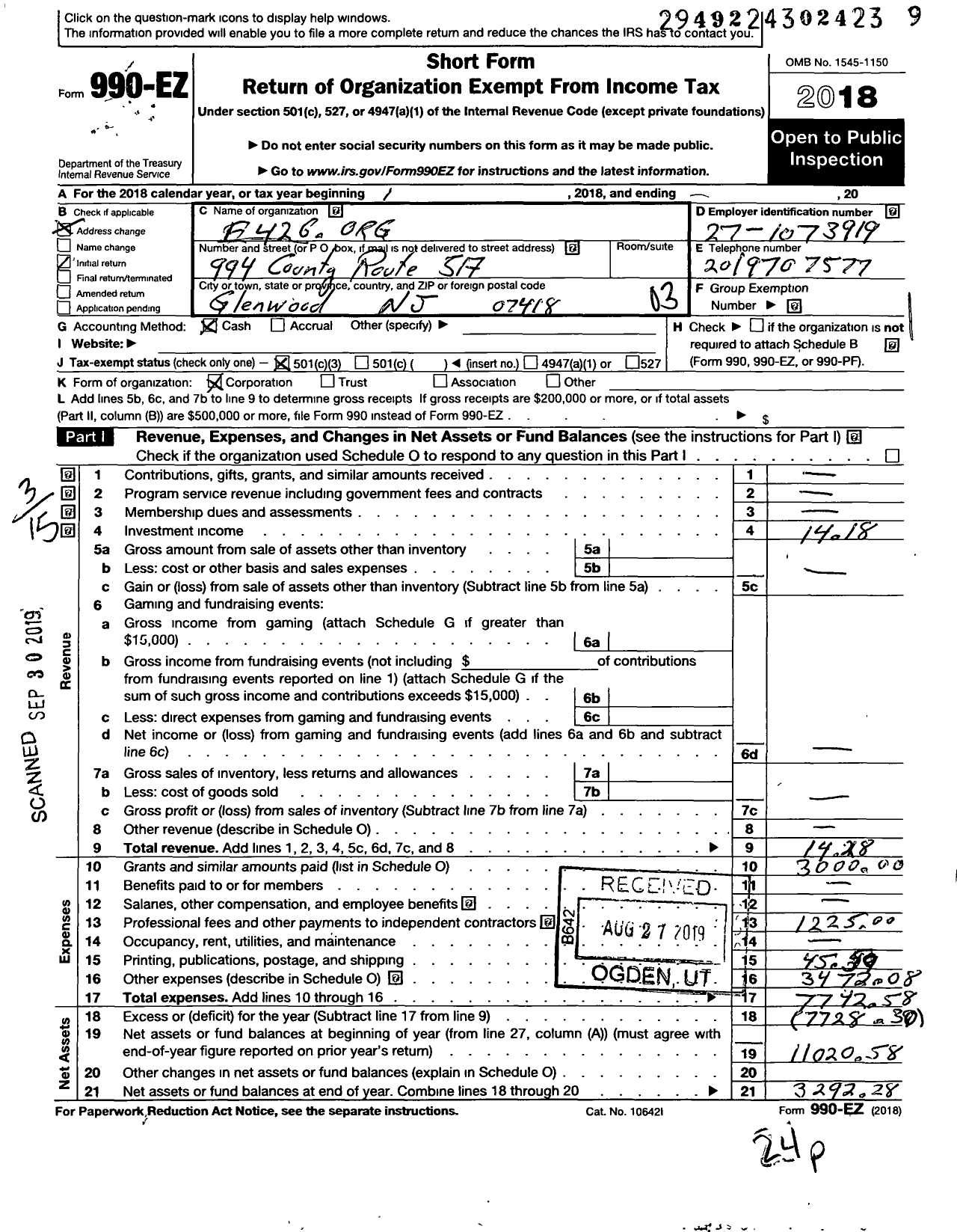 Image of first page of 2018 Form 990EZ for E426org