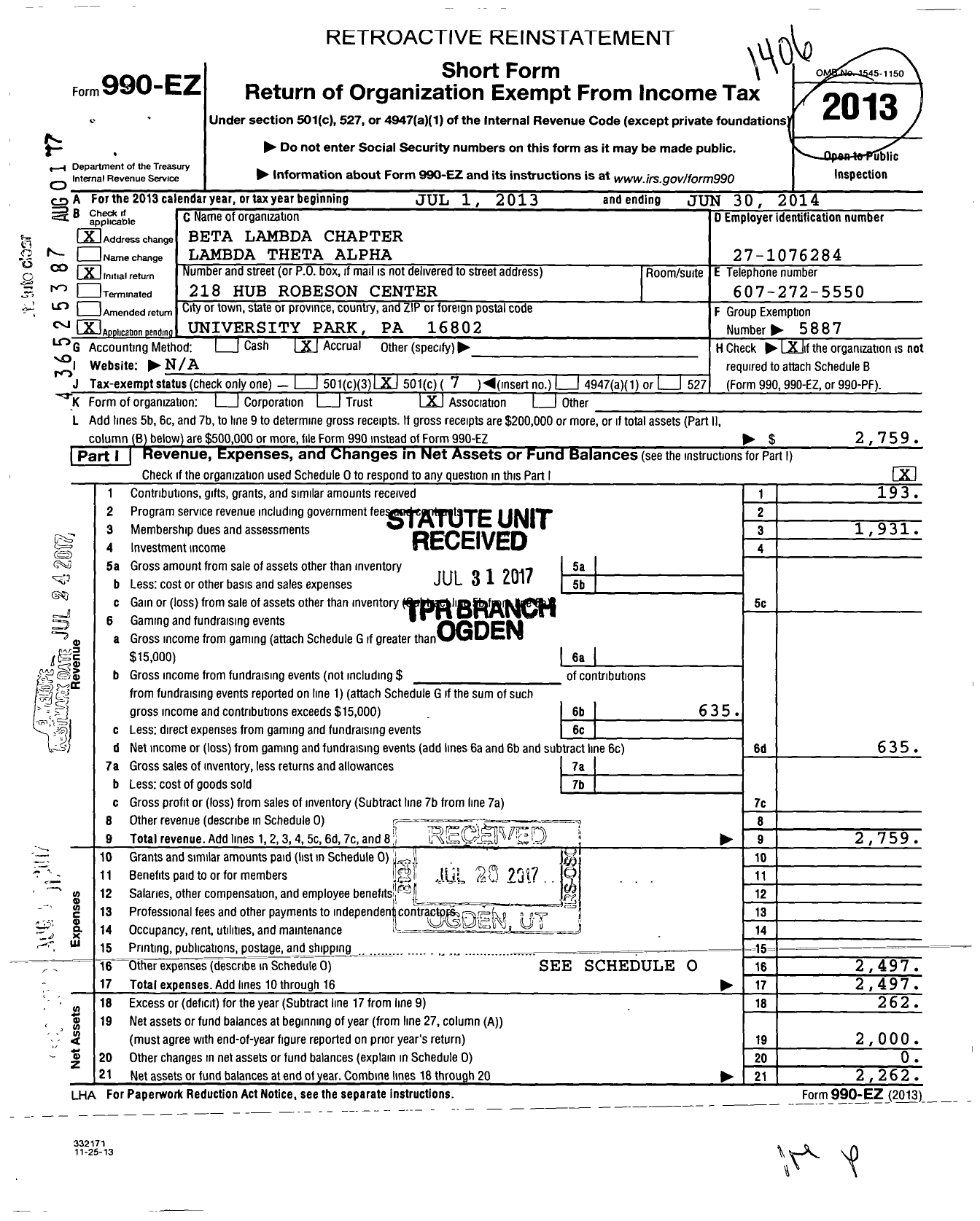 Image of first page of 2013 Form 990EO for Lambda Theta Alpha Beta Lambda Chapter