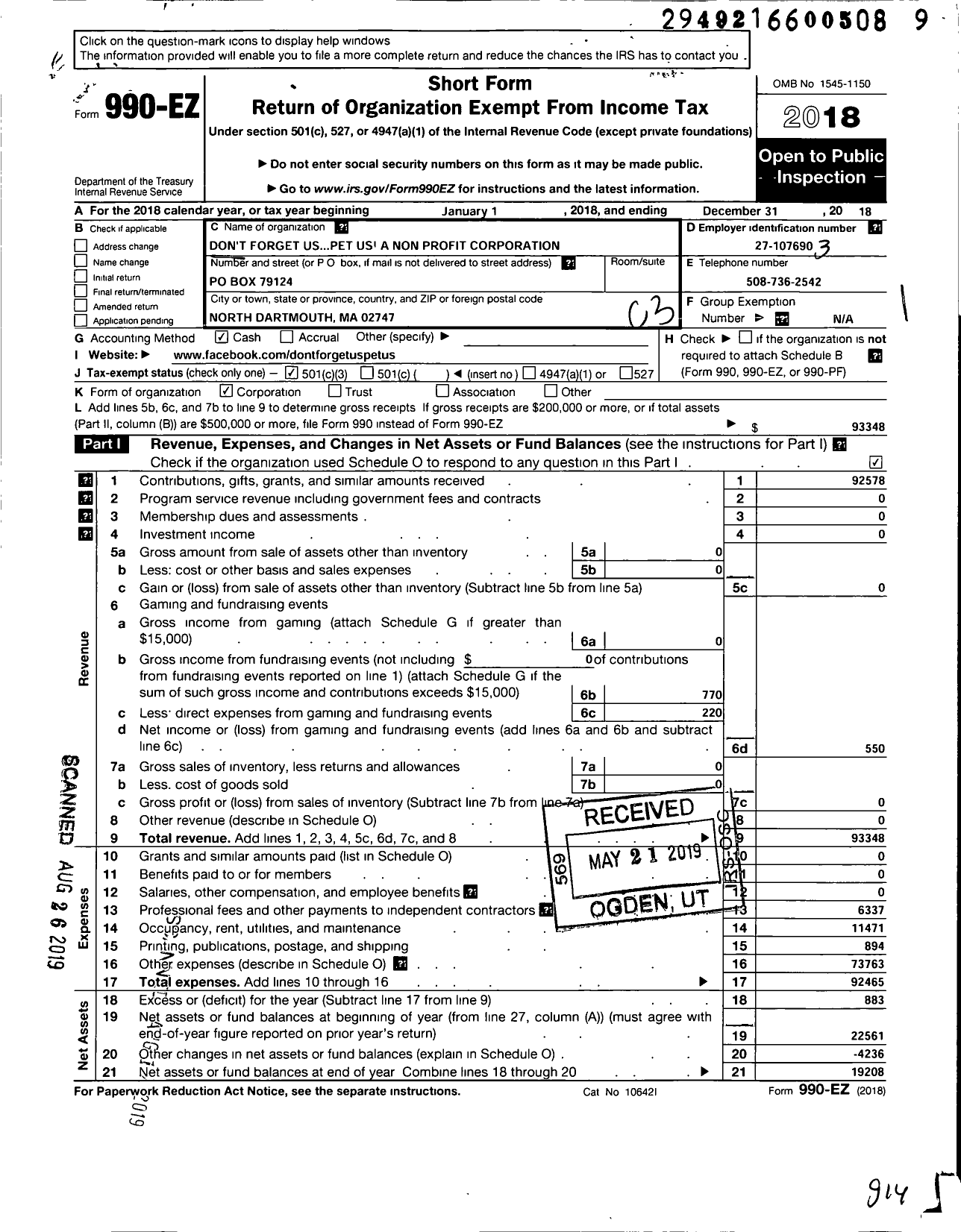 Image of first page of 2018 Form 990EZ for Dont Forget Us Pet Us A Non Profit Corporation