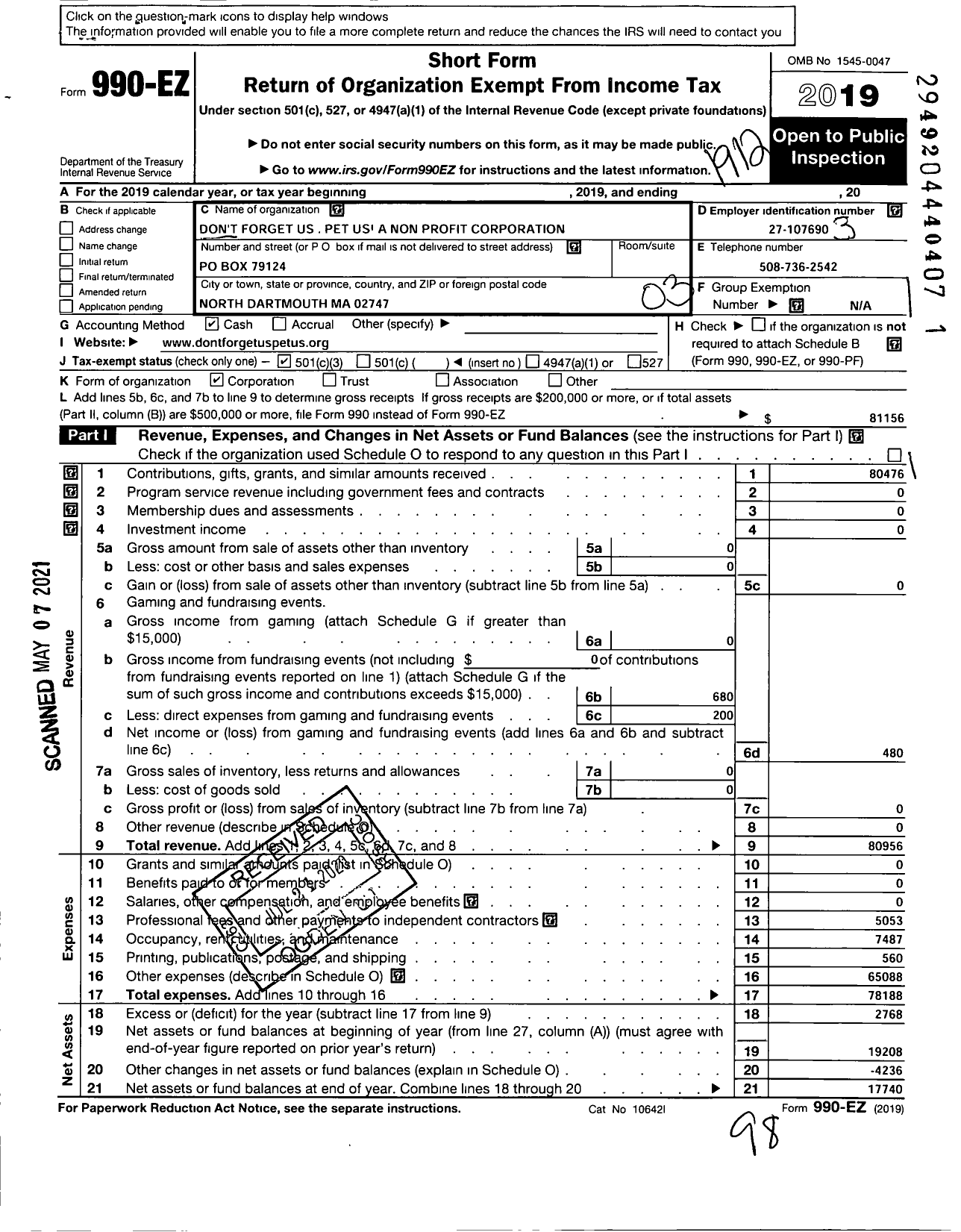 Image of first page of 2019 Form 990EZ for Dont Forget Us Pet Us A Non Profit Corporation