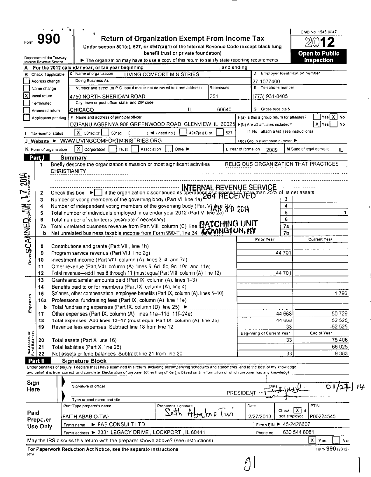 Image of first page of 2012 Form 990 for Living Comfort Ministries