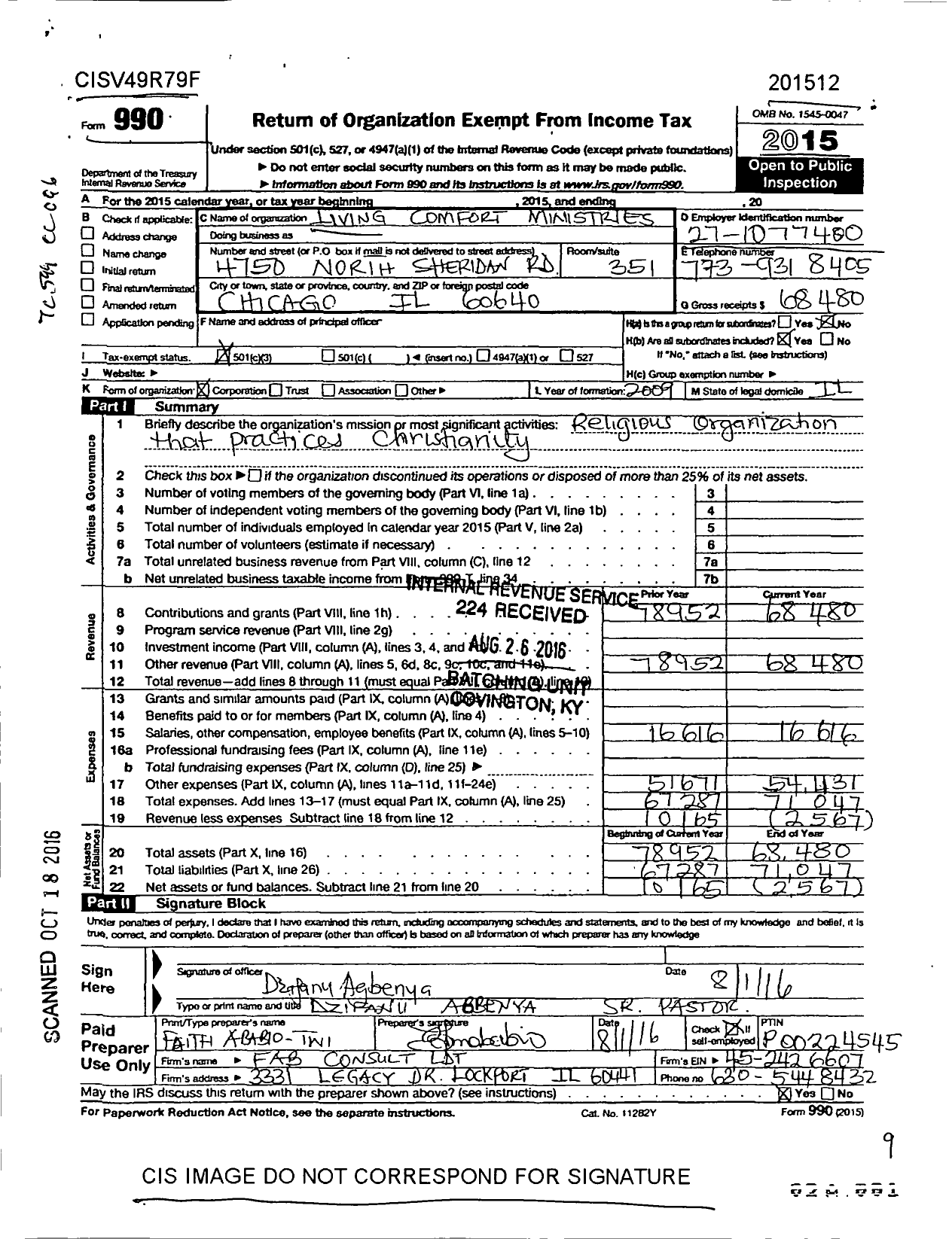 Image of first page of 2015 Form 990 for Living Comfort Ministries