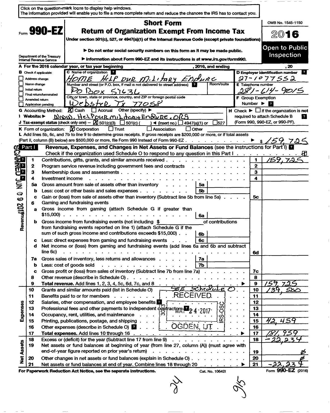 Image of first page of 2016 Form 990EZ for Home Help Our Military Endure