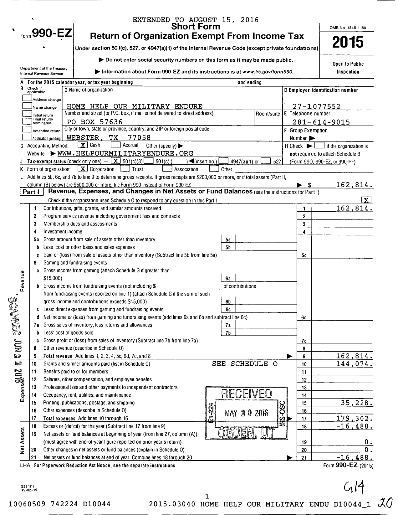 Image of first page of 2015 Form 990EZ for Home Help Our Military Endure