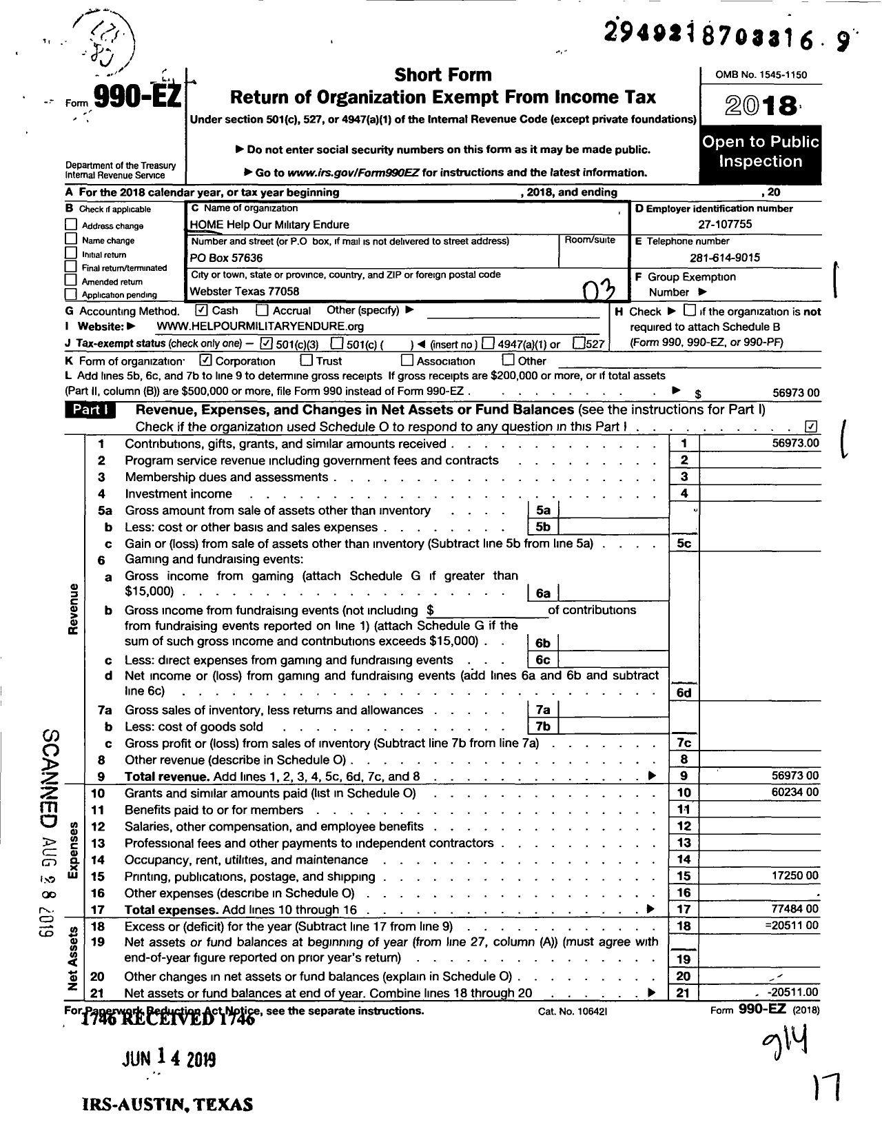 Image of first page of 2018 Form 990EZ for Home Help Our Military Endure