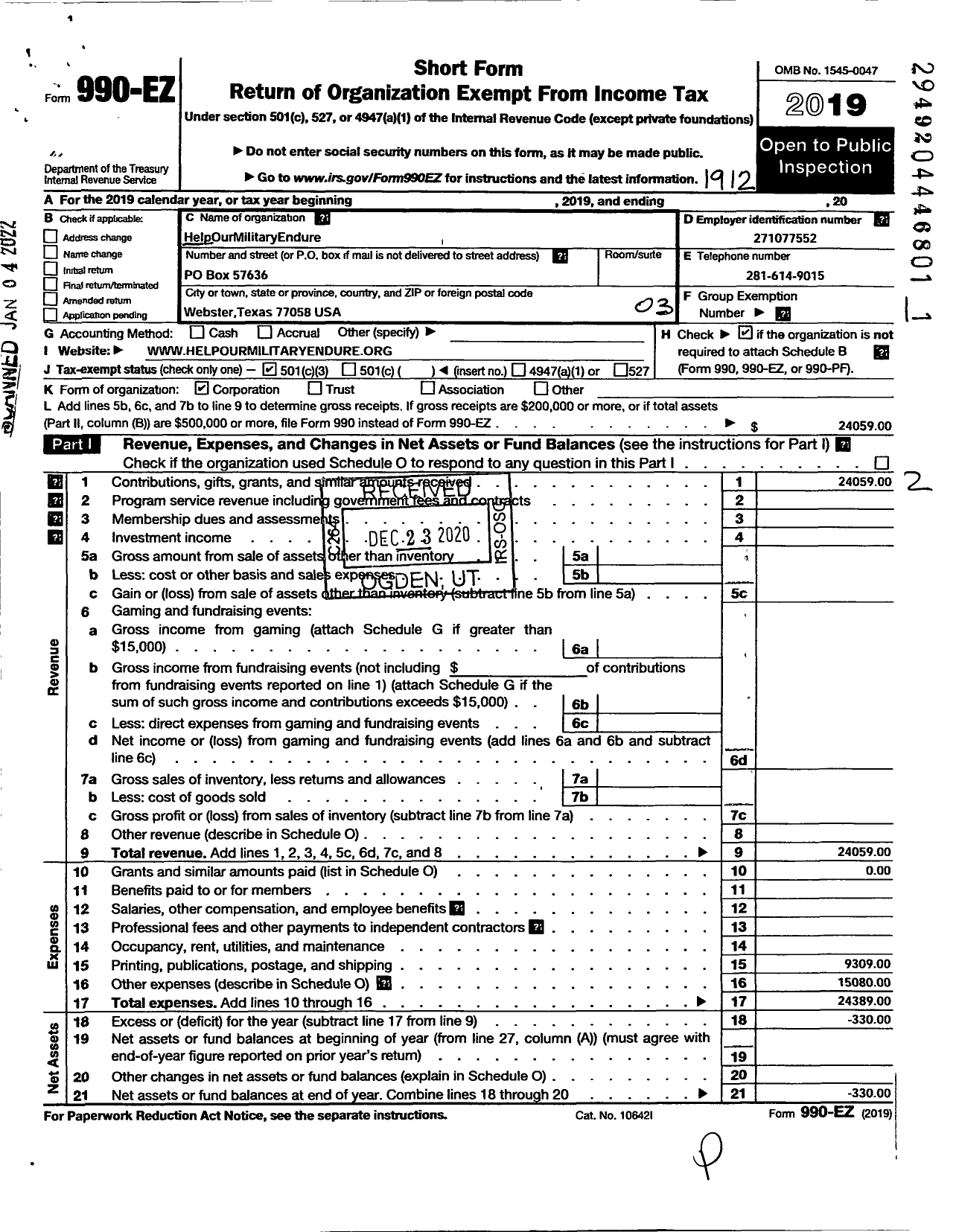 Image of first page of 2019 Form 990EZ for Home Help Our Military Endure