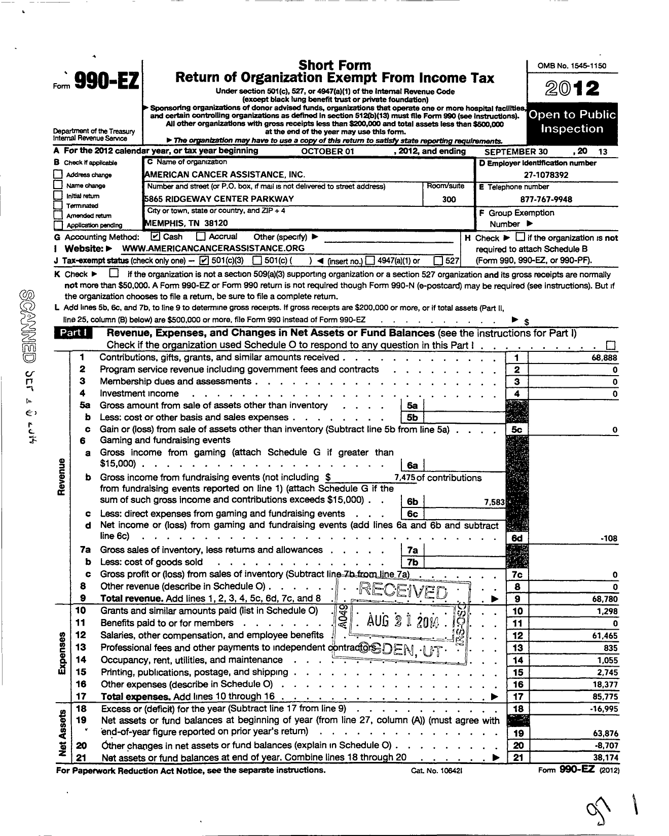 Image of first page of 2012 Form 990EZ for American Cancer Assistance