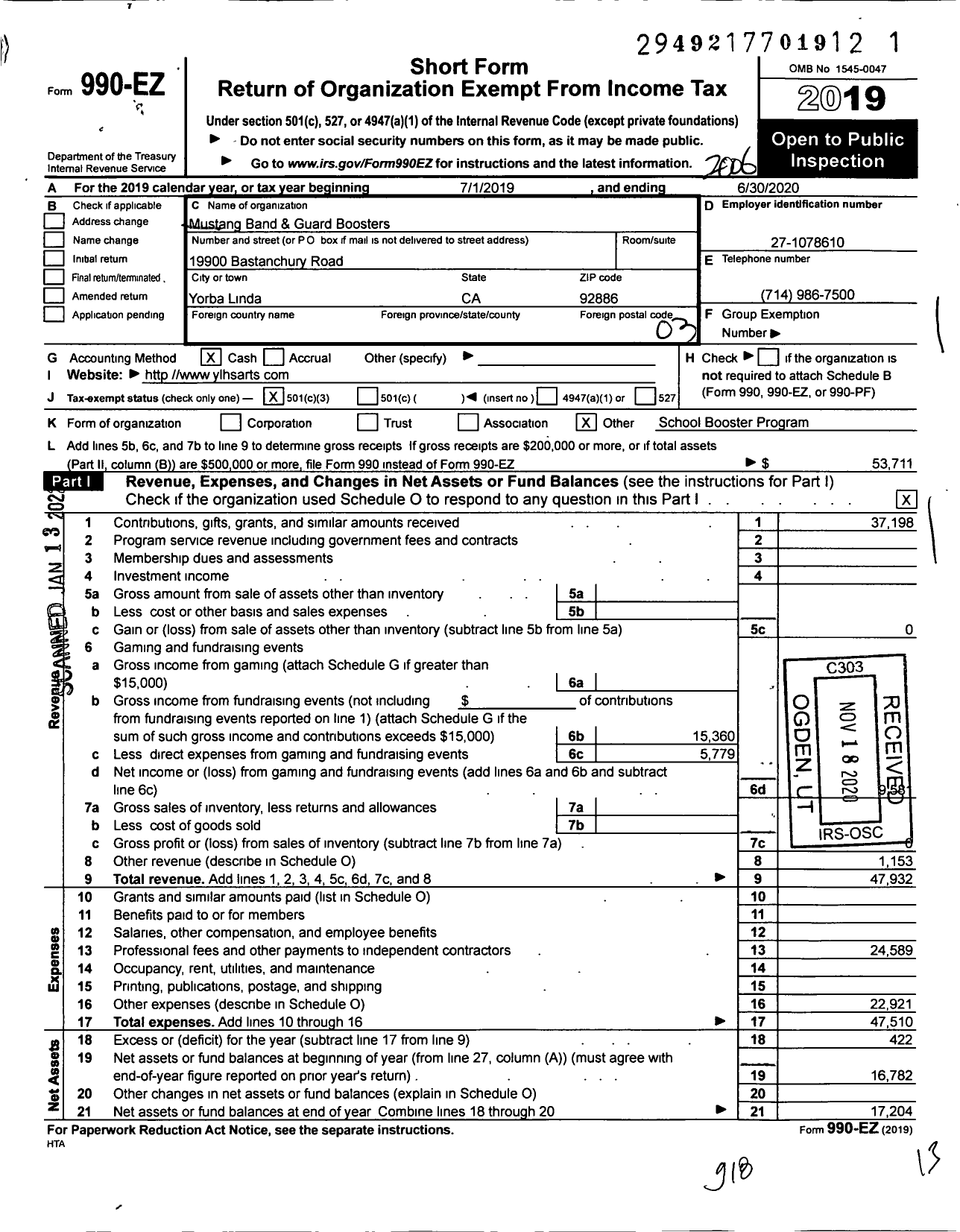 Image of first page of 2019 Form 990EZ for Mustang Band & Guard Boosters