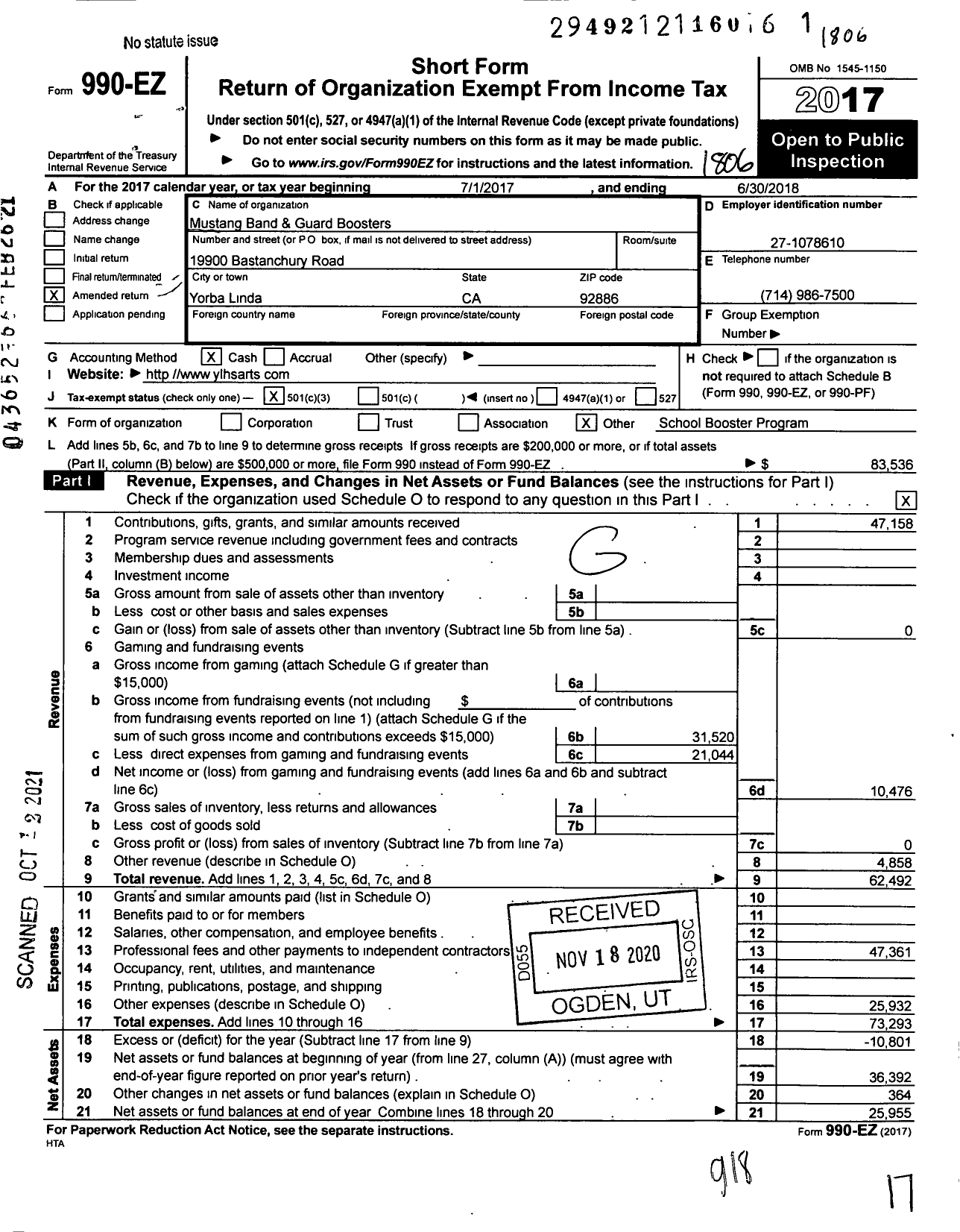 Image of first page of 2017 Form 990EZ for Mustang Band & Guard Boosters