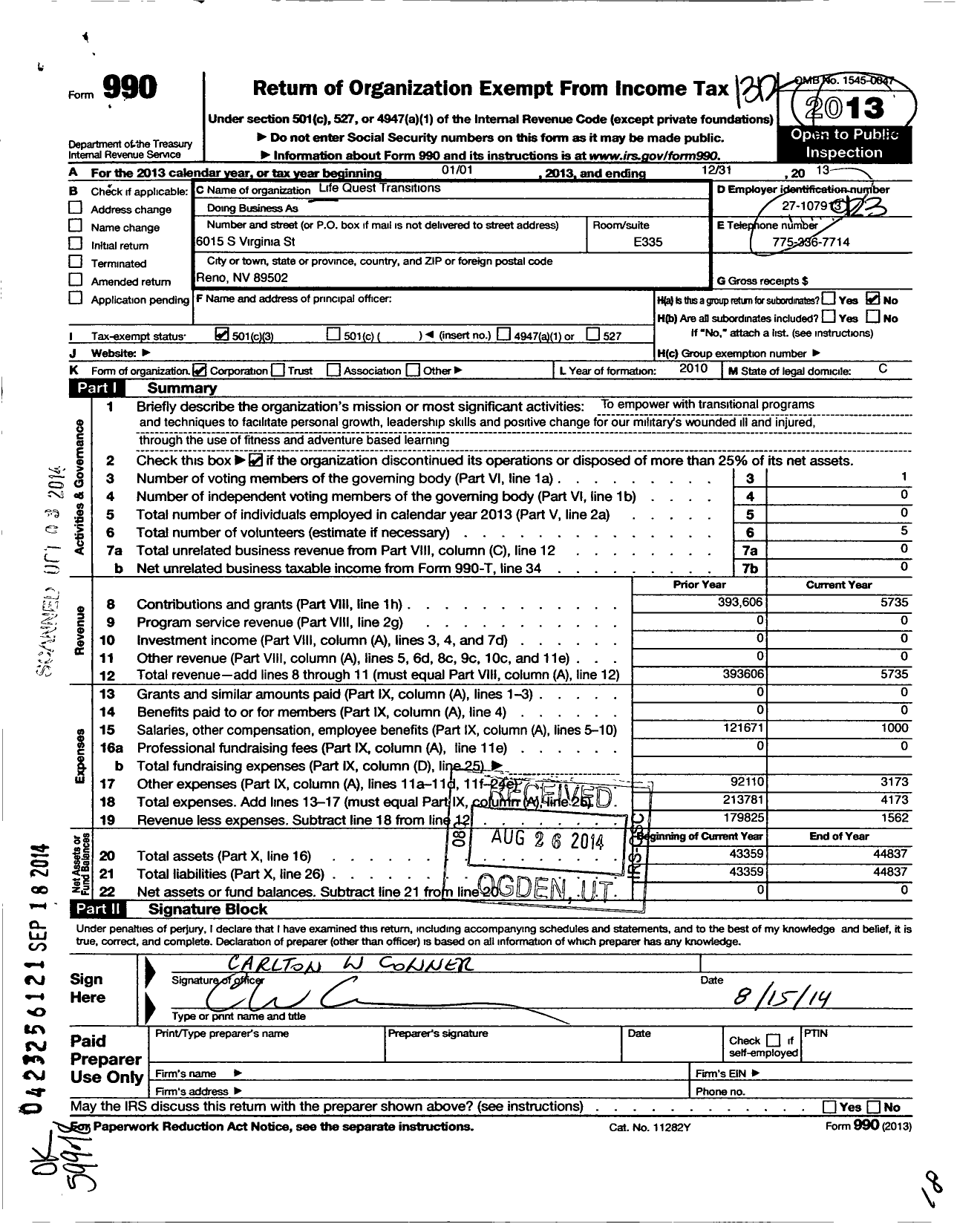 Image of first page of 2013 Form 990 for Life Quest Transitions