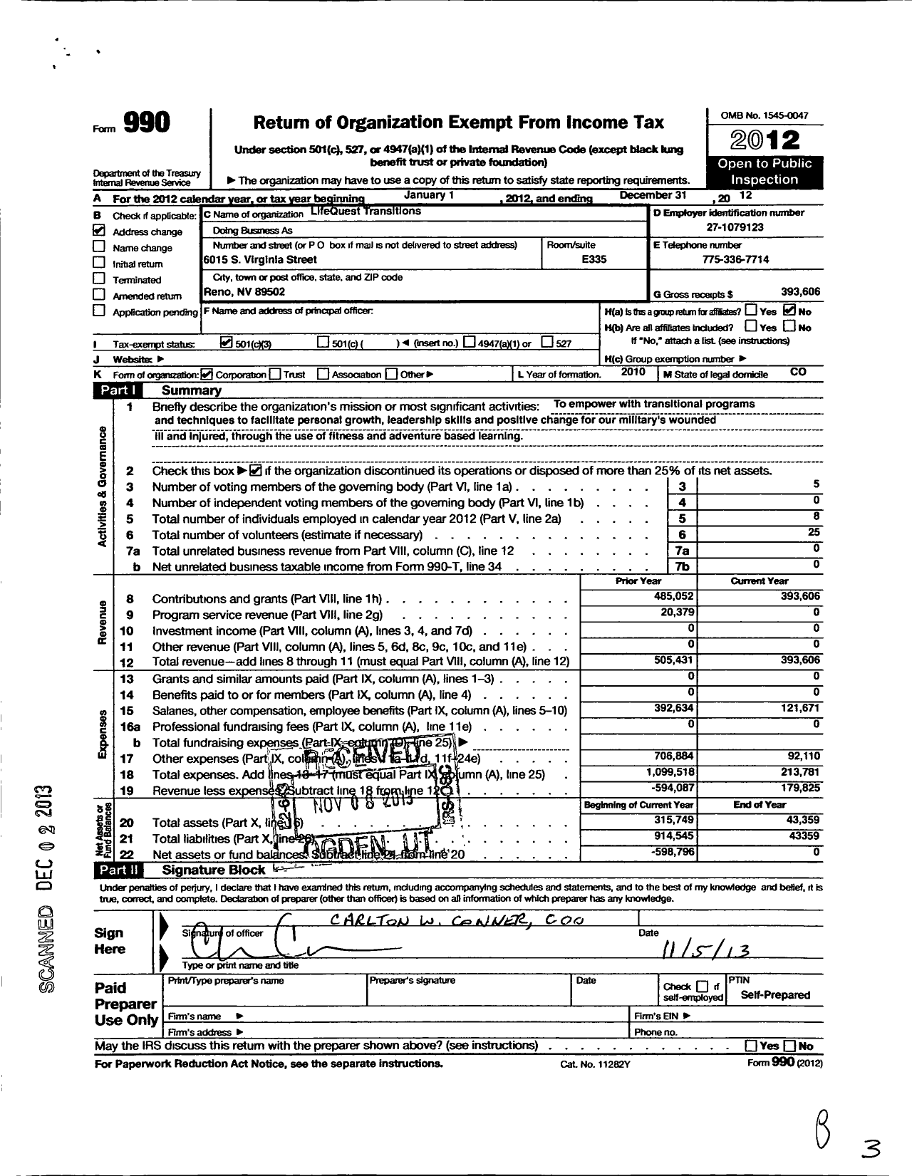 Image of first page of 2012 Form 990 for Life Quest Transitions