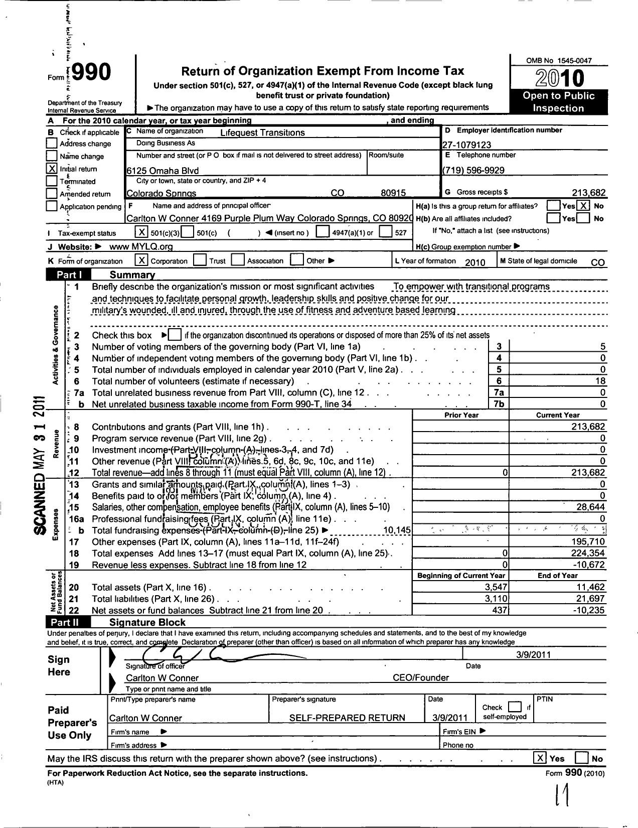Image of first page of 2010 Form 990 for Life Quest Transitions