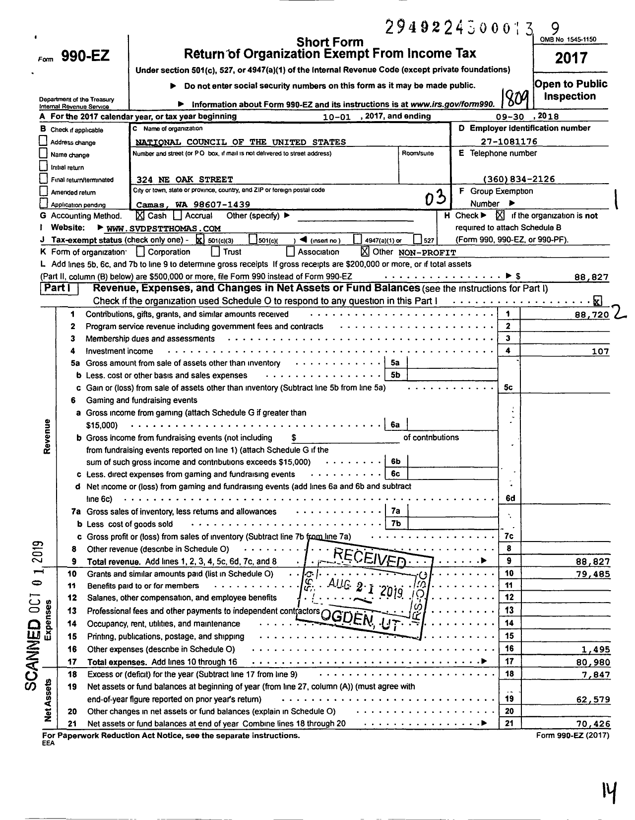 Image of first page of 2017 Form 990EZ for National Council of the United States St Thomas Aquinas Conferen