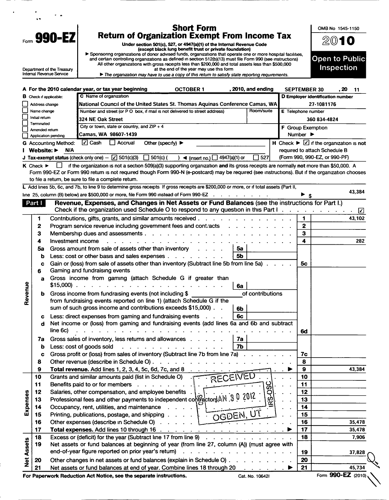 Image of first page of 2010 Form 990EZ for National Council of the United States St Thomas Aquinas Conferen