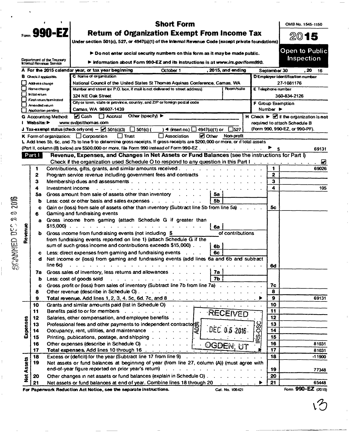 Image of first page of 2015 Form 990EZ for National Council of the United States St Thomas Aquinas Conferen