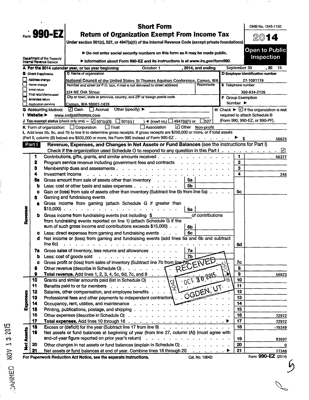 Image of first page of 2014 Form 990EZ for National Council of the United States St Thomas Aquinas Conferen