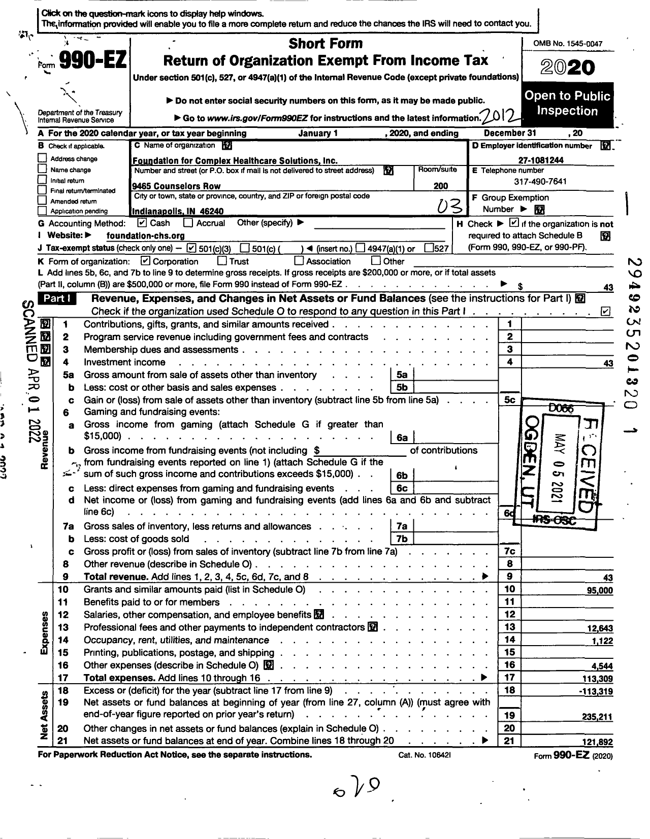 Image of first page of 2020 Form 990EZ for Foundation for Complex Healthcare Solutions