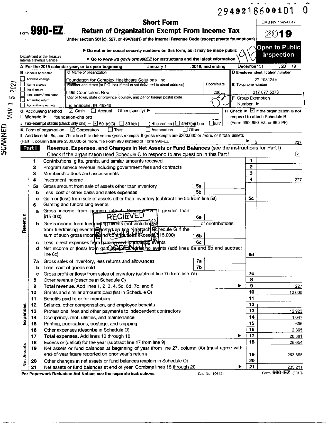 Image of first page of 2019 Form 990EZ for Foundation for Complex Healthcare Solutions