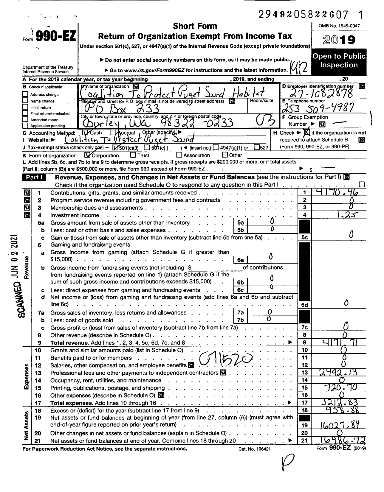 Image of first page of 2019 Form 990EZ for Coalition To Protect Puget Sound Habitat