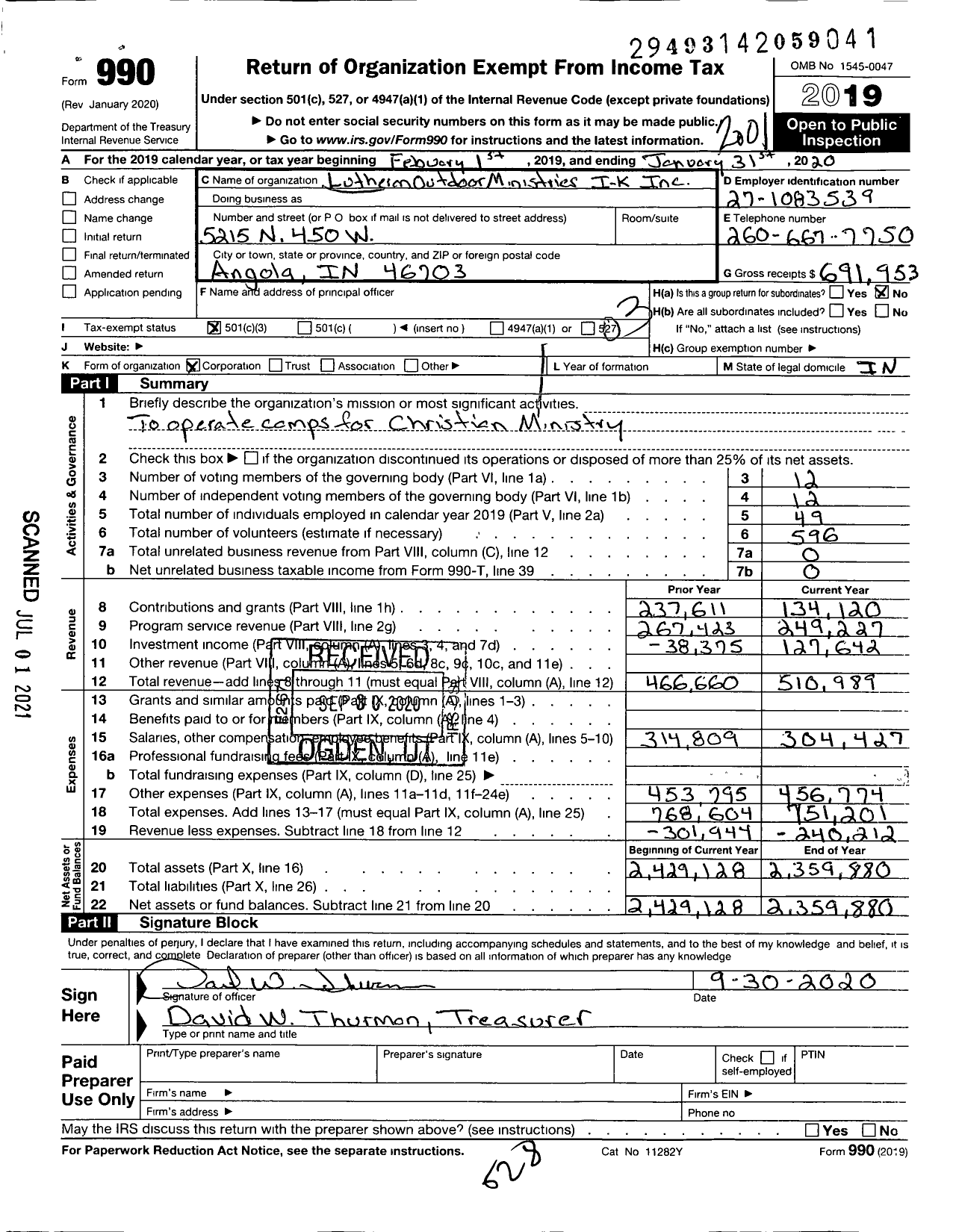Image of first page of 2019 Form 990 for Lutheran Outdoor Ministries Indiana-Kentucky