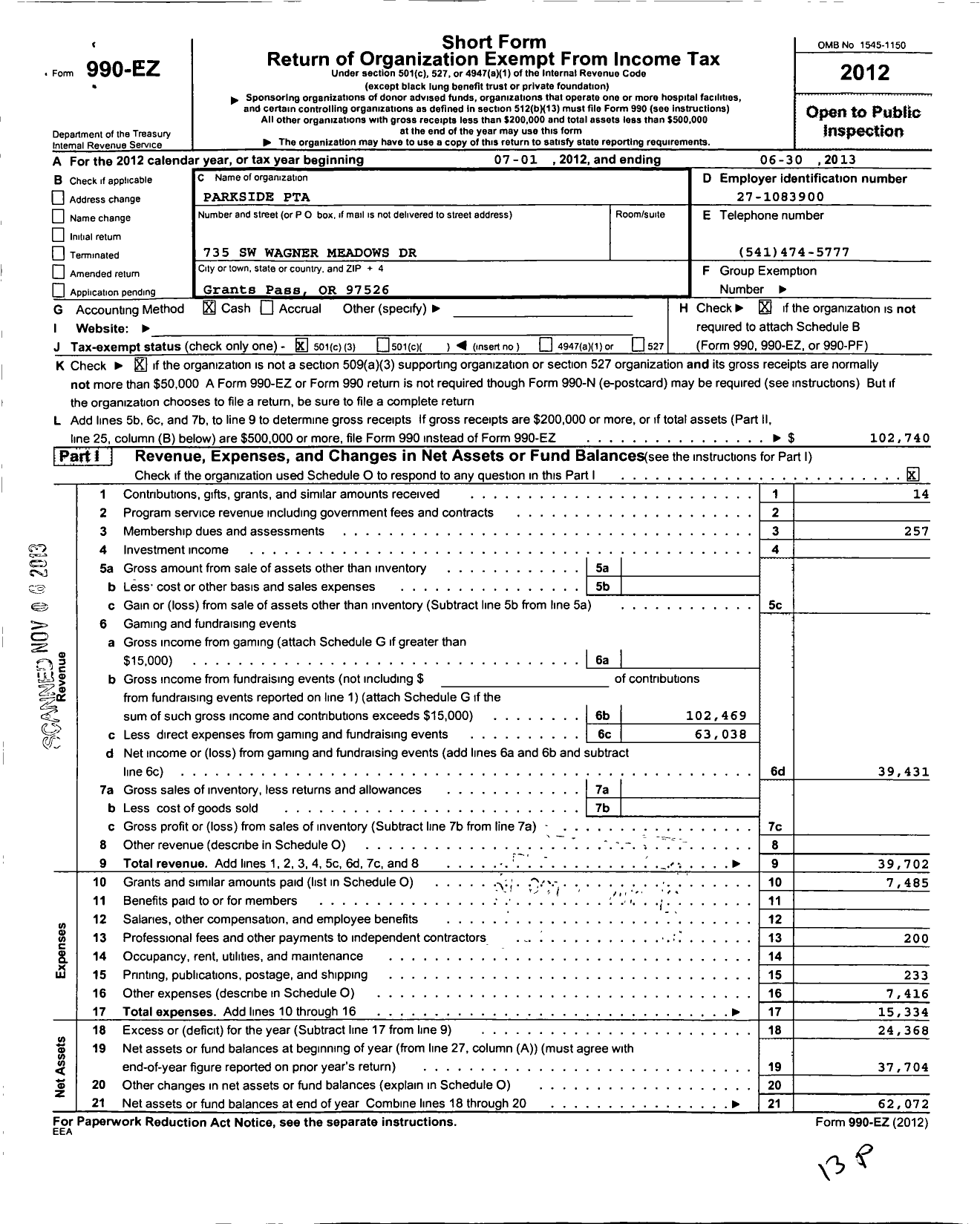 Image of first page of 2012 Form 990EZ for Parkside PTA