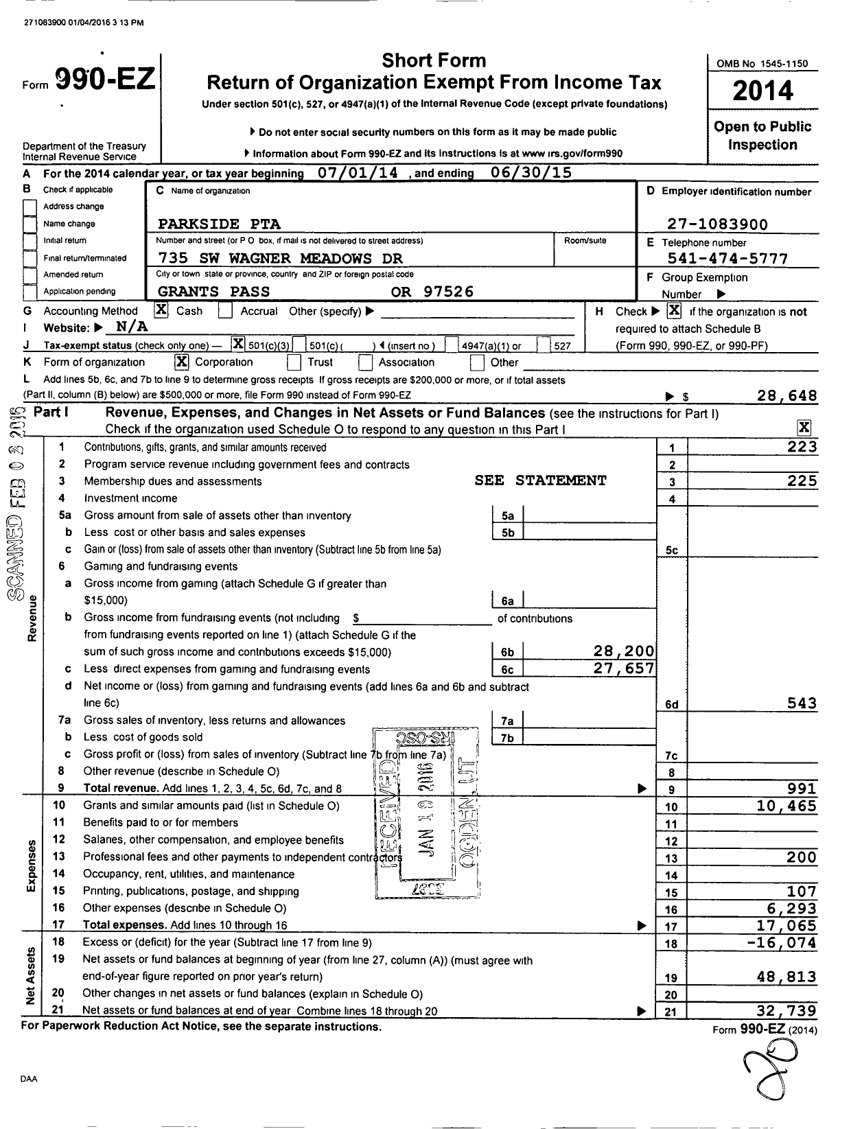 Image of first page of 2014 Form 990EZ for Parkside PTA